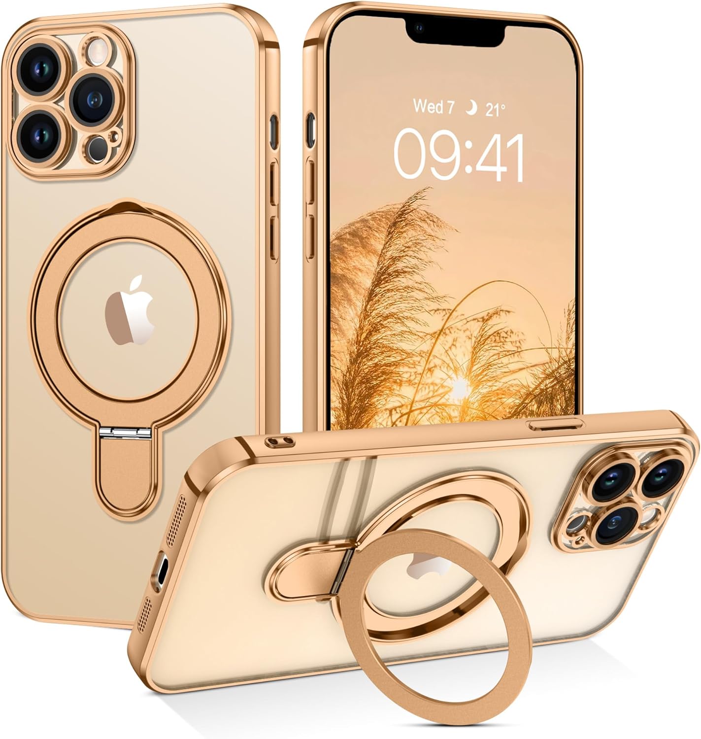 GUAGUA for iPhone 13 Pro Case with Stand, Magnetic Clear Cases Plating Edge Invisible Ring Holder Slim Shockproof Protective Kickstand Clear Case for iPhone 13 Pro 6.1'', Golden