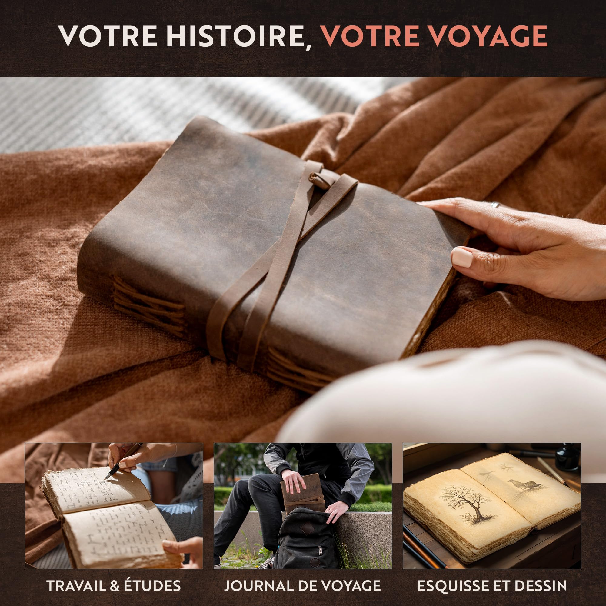 Moonster® Journal Vintage, 240 Pages de Papier de Coton, Journal Intime en Cuir Vierge, Journal d'Art Antique Fait à la Main, Carnet de Notes de Style Ancien, Carnet de Croquis 20x15 cm