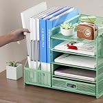 Marbrasse 5 Tier Paper Letter Tray with Drawer and 2 Pen Holders | Desk Organizer, Document Organizer with Magazine File Holder for School, Home, Office Supplies(Green)