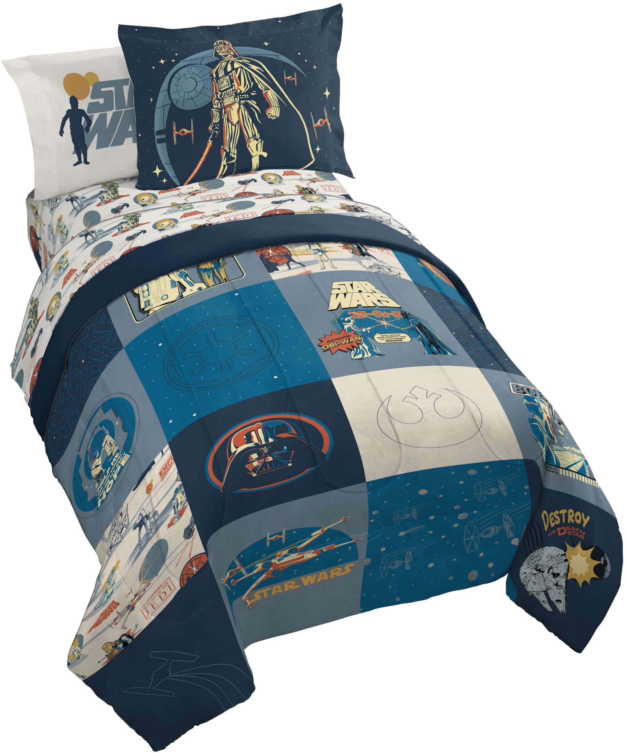 Jay Franco Kids Comforter Set Includes Sheets and Pillow Covers - Soft and Cozy Bed Set for Stylish Room Decor, Blue - Star Wars 01, 7 Piece Full Bedding