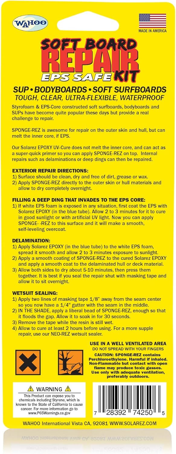 SOLAREZ EPS-Safe UV Cure Soft Board Repair Kit ~ Styrofoam & EPS-Core Constructed Surfboards (Catch Surf, Wavestorm ) Bodyboards and SUP's ~ Tough, Clear, Ultra-Flexible ~ Cures in mins w Sunlight