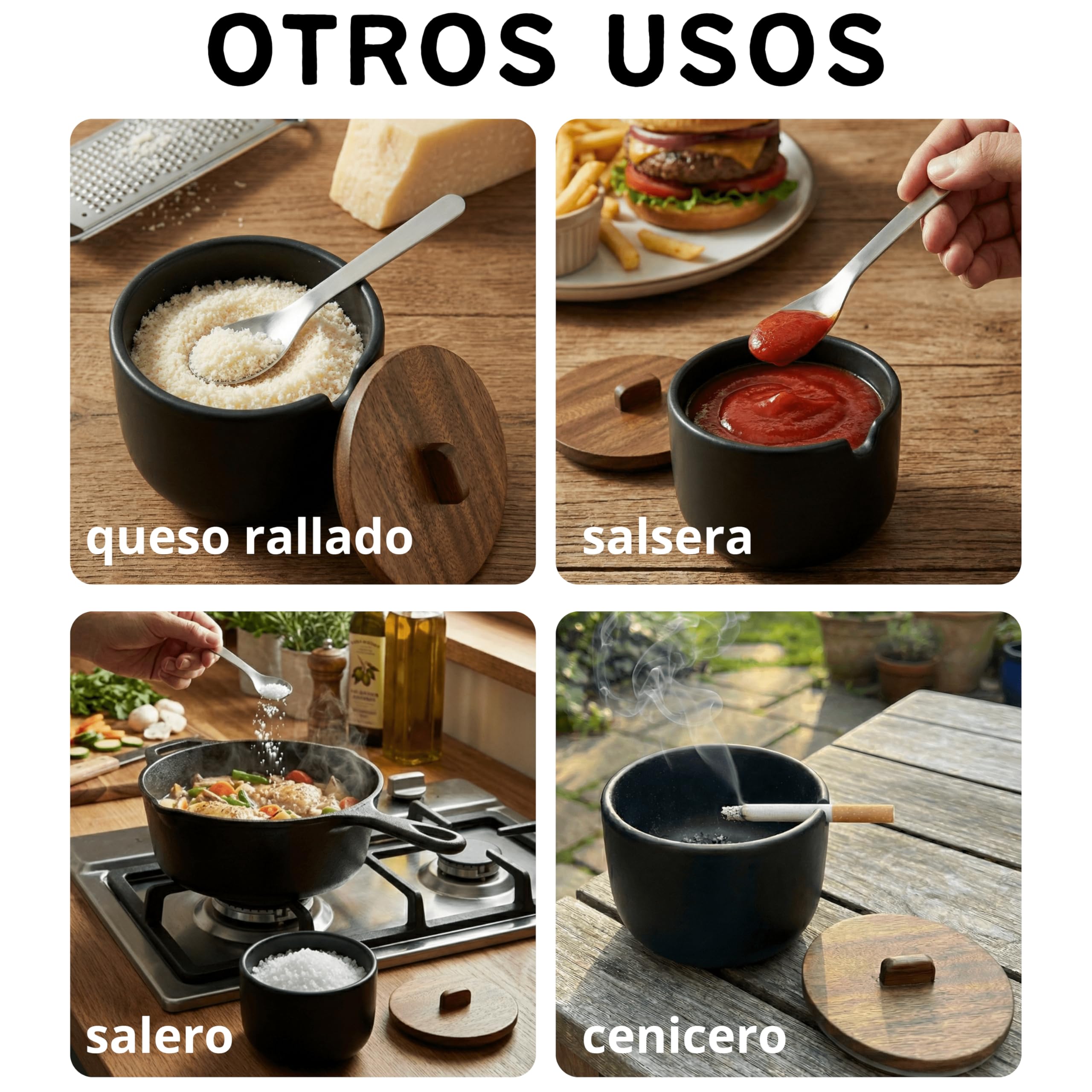 KOOK TIME Azucarero de Cerámica CURVE con Cuchara - Tarro Pequeño con Tapa de Madera de Acacia. Recipiente para Azúcar, Sal, Especias o Queso Rallado. 10.5 x 9 cm. - Negro mate - 5