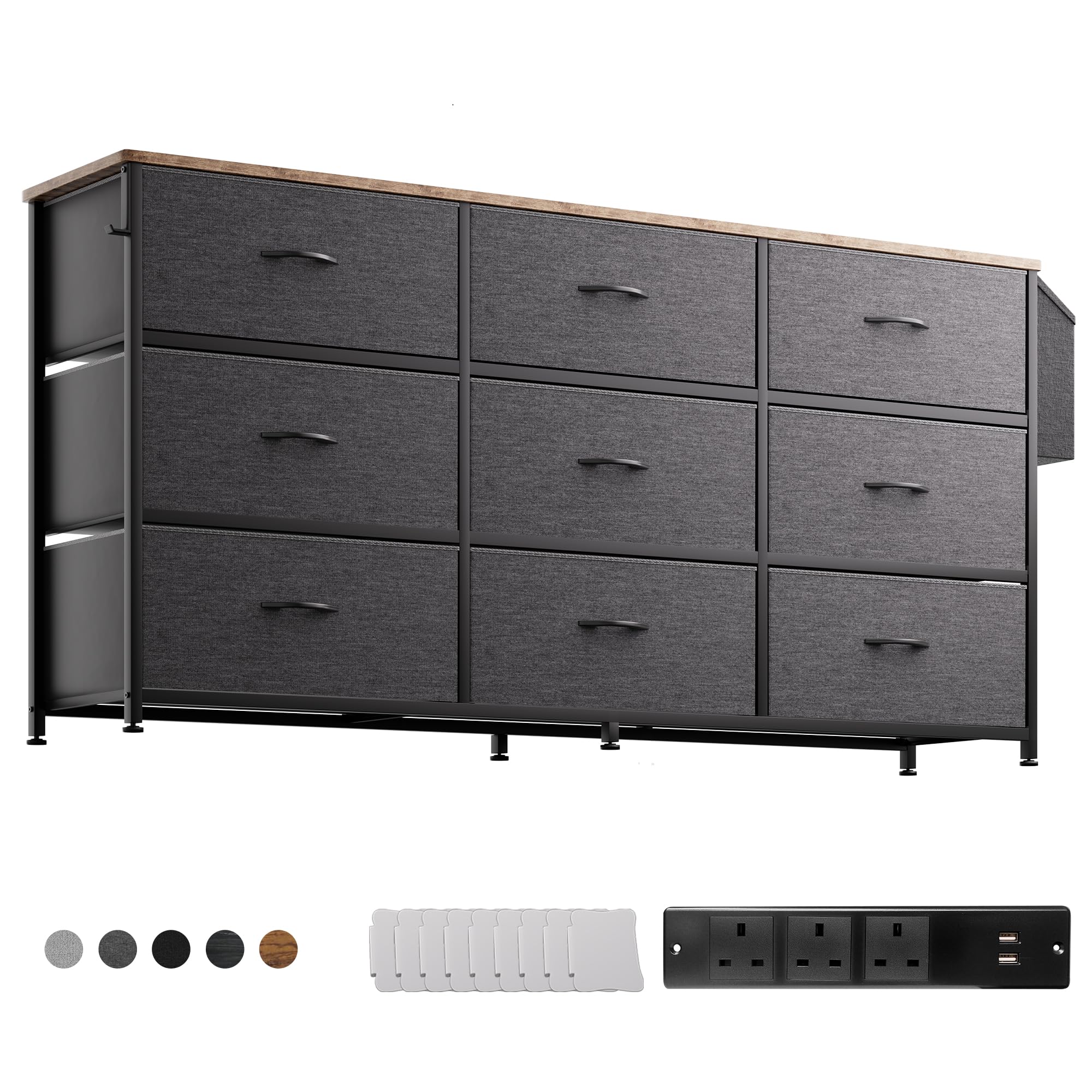PURFINO Fabric Chest of Drawers - Large TV Stand for 43-65 Inch TVs with 9 Drawers, Label Cards, Side Pocket & Hook, Odor Free Storage Unit for Living Room, Hallway, Bedroom