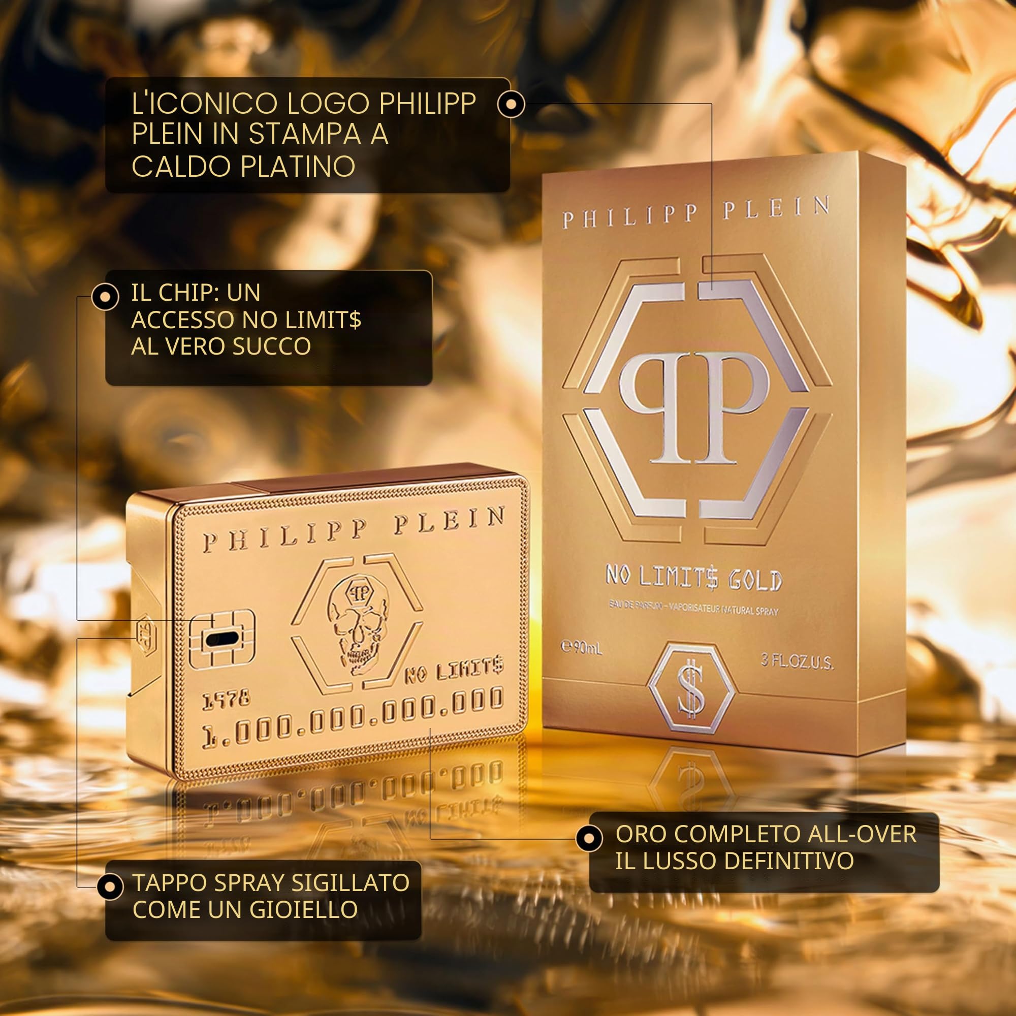 Philipp Plein No Limits Gold Eau de Parfum 90 ml Woody Ambery Uomo