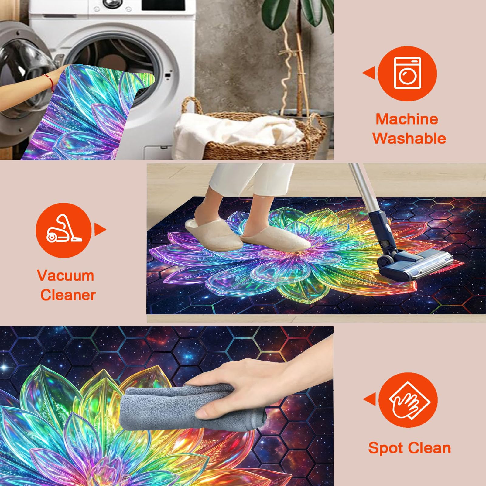 Tapis Rond 100cm Lotus De Cristal Arc-en-Ciel pour Chambre, Géométrie Cosmique Onirique Rond Tapis Antidérapant Lavable en Machine Cuisine Salon Adulte Interieur Bureau Cuisine Decoration