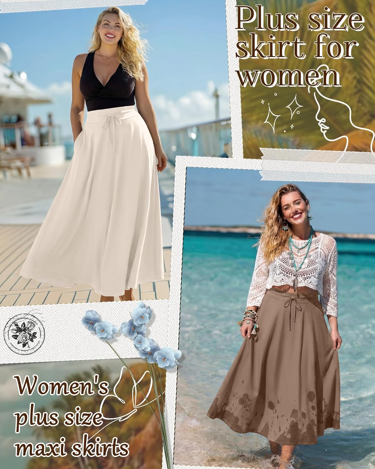 3 Pack Women's Plus Size Maxi Long Skirts a Line High Waisted Ankle Length Flowy Pleated Skirts with Pockets