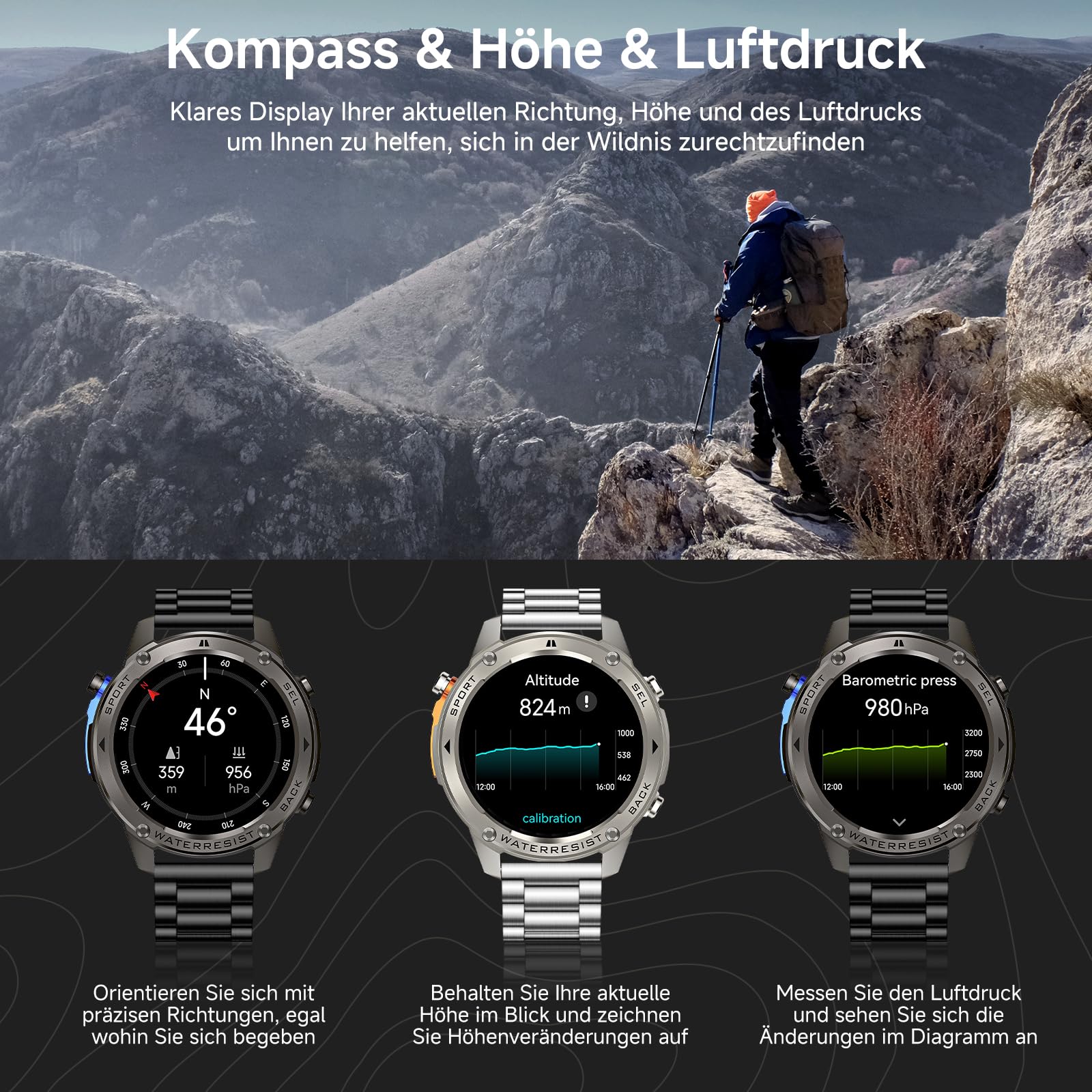 Smartwatch Herren mit GPS,Kompass,Barometerdruck,Höhenmesser, 1.43'' AMOLED Display, 170+ Sportmodi, 5ATM Wasserdicht, 45+ Tage Akku, Militär Smartwatch Edelstahl für Android iOS (2 Uhrbänder)Silbern