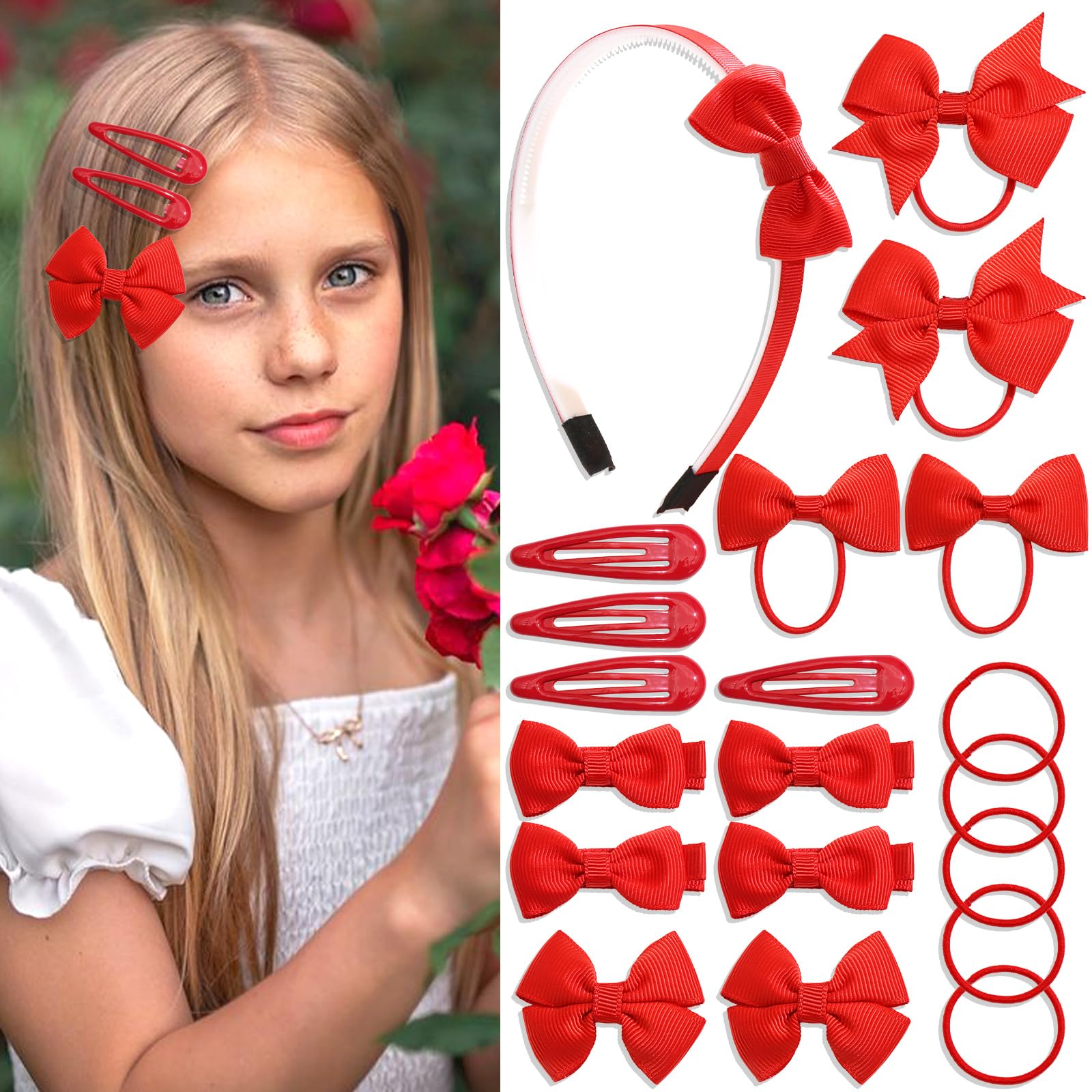 SAWINDA 20Pcs Red Bows Set for Girls Hair School Uniform Bow Headbands Hair Ties Snap Hair Clips Girls Hair Bow Clips Grosgrain Ribbon Hair Bow Clips