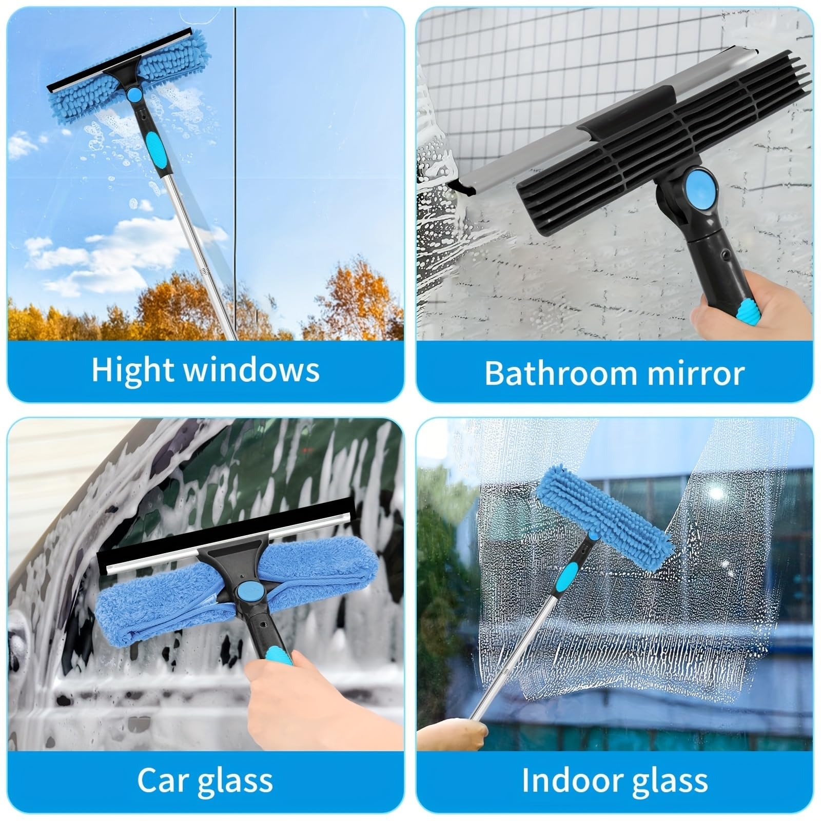 Glasreinigungsbürste Mit Ausziehbarem Griff, Multifunktionaler Fensterreiniger Mit Wiederverwendbarem Tuchabzieher, Praktische Haushaltsreinigung(Blue)