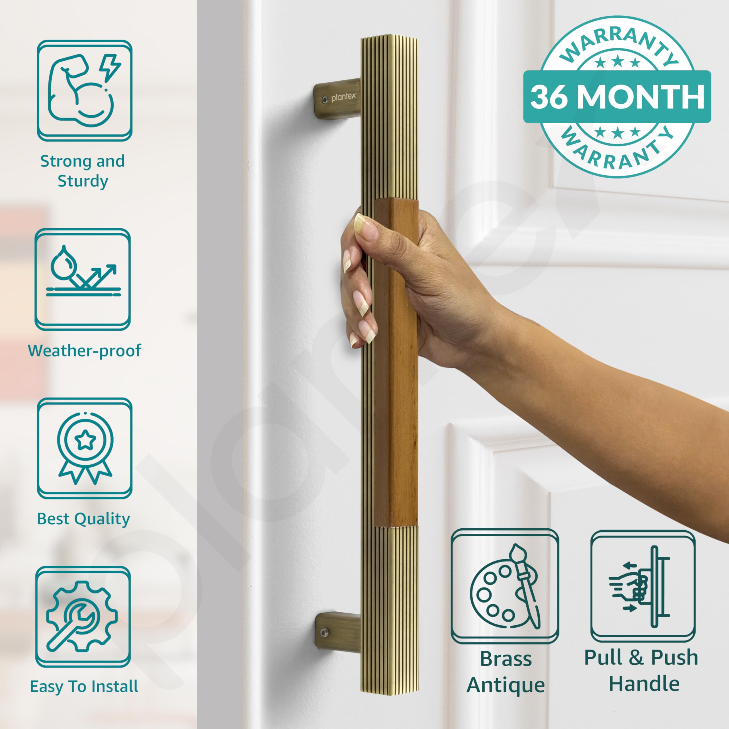 Plantex 280 Premium 12-inch Door Pull-Push Main Door Handle for Glass Door/House/Hotel/Office Door Hardware (Brass Antique & Wood Finish) — Amazon image 2