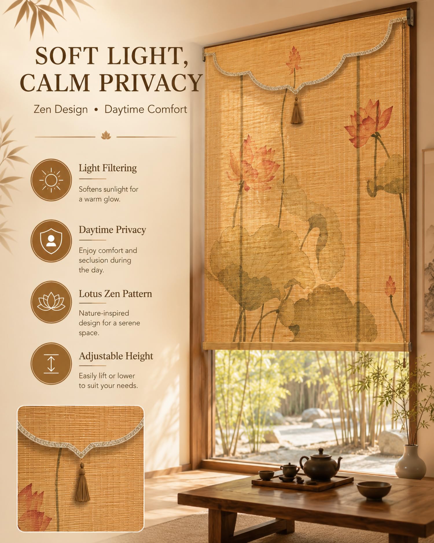Tenda A Rullo in Bambu Naturale, Tenda Oscurante da Interno, Japanese Zen Style Altezza Regolabile, Tendes A Pacchetto Soggiorno Camera Sala da Te,60 * 183cm / 24 * 72"