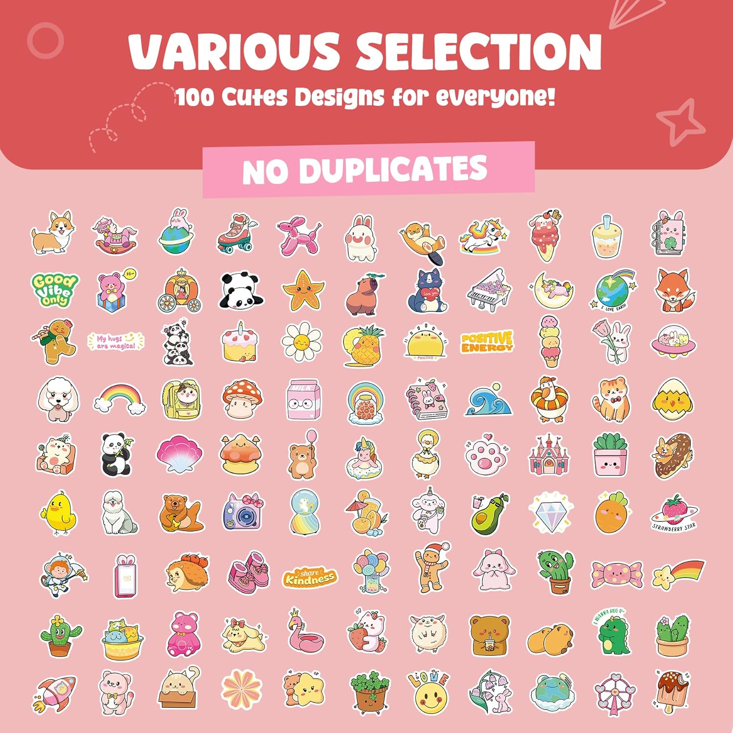 100PC Cute Stickers for Kids, Animal Large Stickers for Kids Waterproof Dishwasher Safe Stickers Packs Vinyl Assorted Sticker Bulk for Girls, Boys, Teens