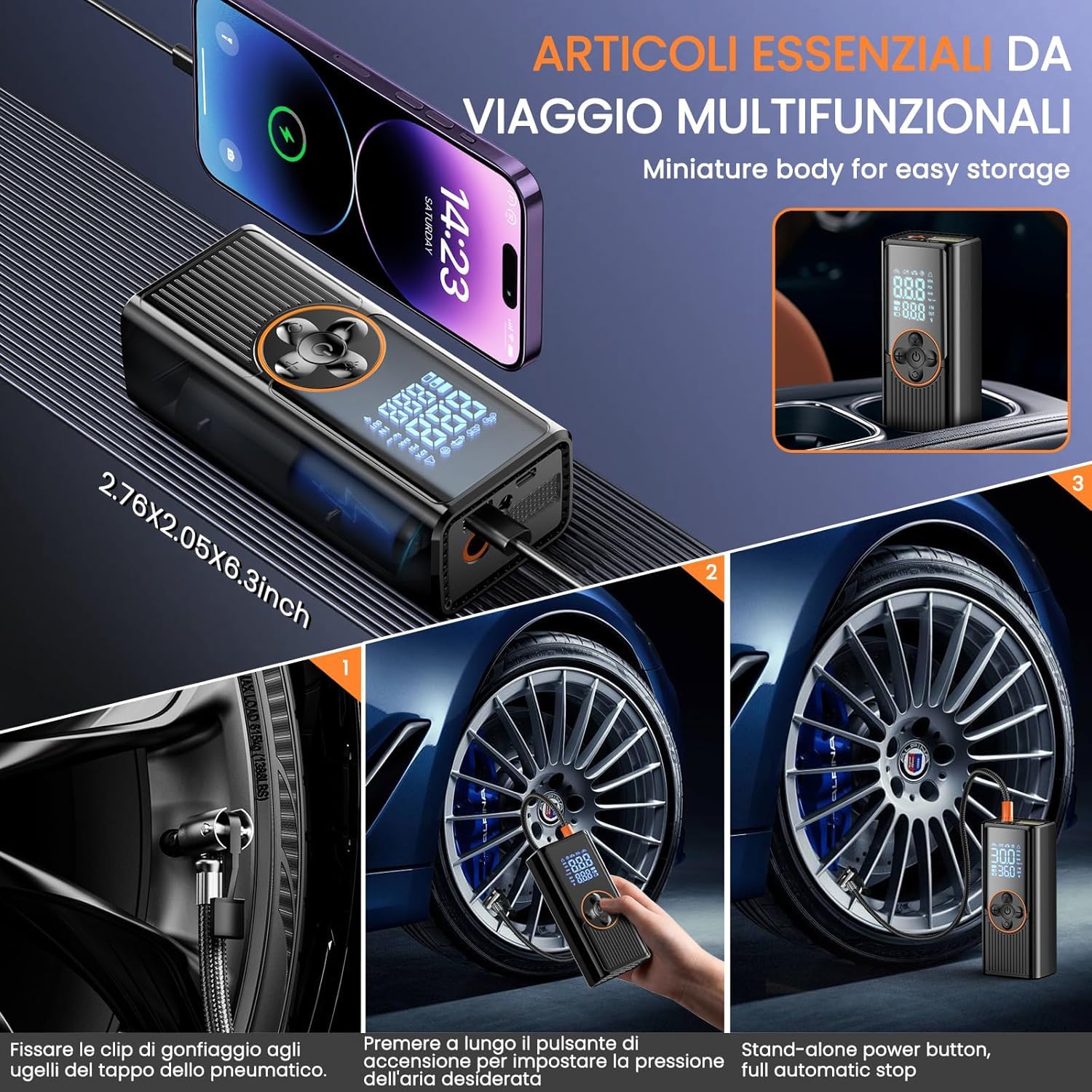 Compressore Aria Portatile per Auto 8000mAh, 150PSI Gonfiatore Elettrico a Doppia Alimentazione Ricaricabile con Display Digitale e Luce LED, Spegnimento Automatico, per Auto, Moto, Bici, Palloni