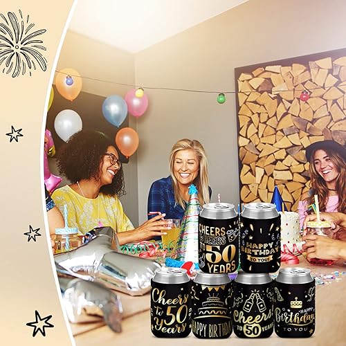 Miniatura 7 de Umigy 48 fundas para latas de 50 cumpleaños a 50 años, de neopreno, para decoración de cumpleaños de 50 años, regalos de fiesta de 50 cumpleaños,