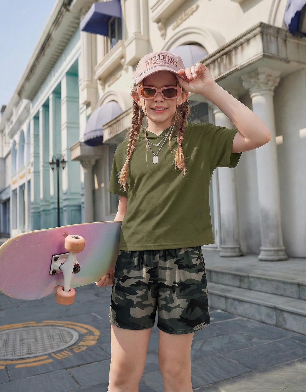Girls Summer Outfits Kids Hooded-Shirts Elastic Waist Shorts with Pockets
