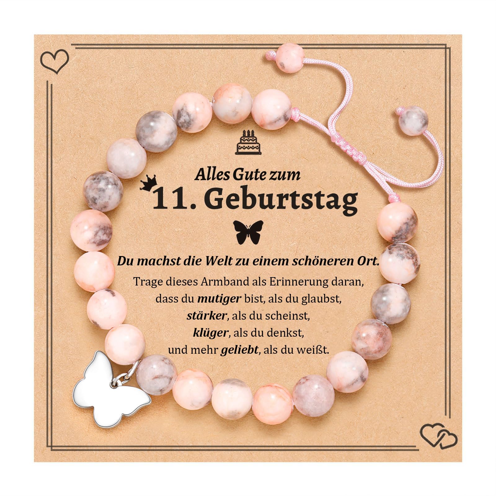 7./8./9./10./11./16. Geburtstagsgeschenke für Mädchen, Schmetterlings-Natursteinarmbänder mit Zitatkarte