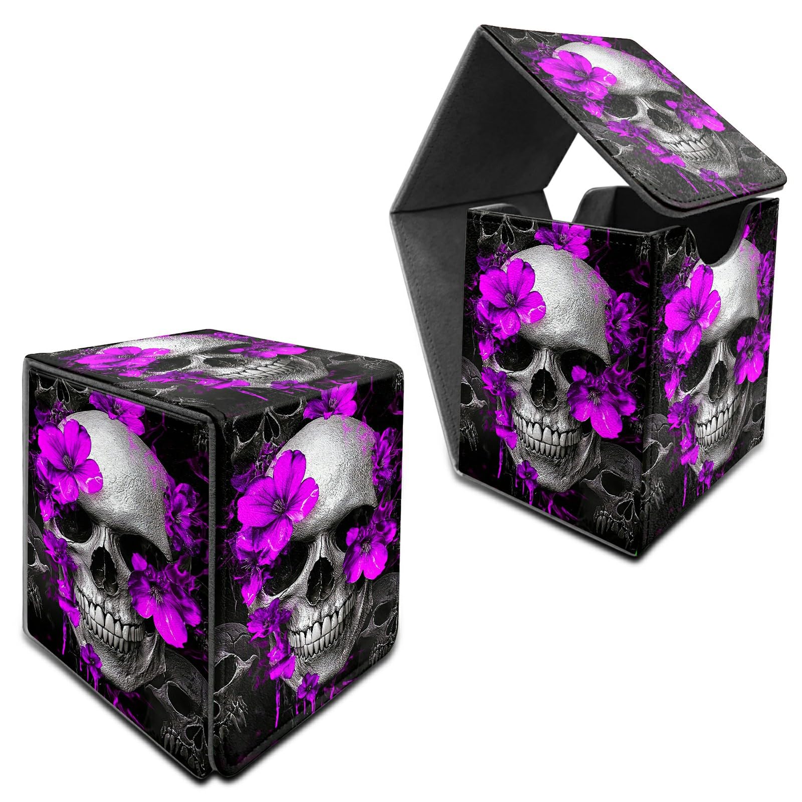 RWUTYTIUL Deck Box for MTG, Cards Storage Box Fits 120+ Sleeved, Leather Medium Size Strong Magnetic Closing Card Case for Board Games Magic TCG CCG Baseball Collection, Skull Purple Flower