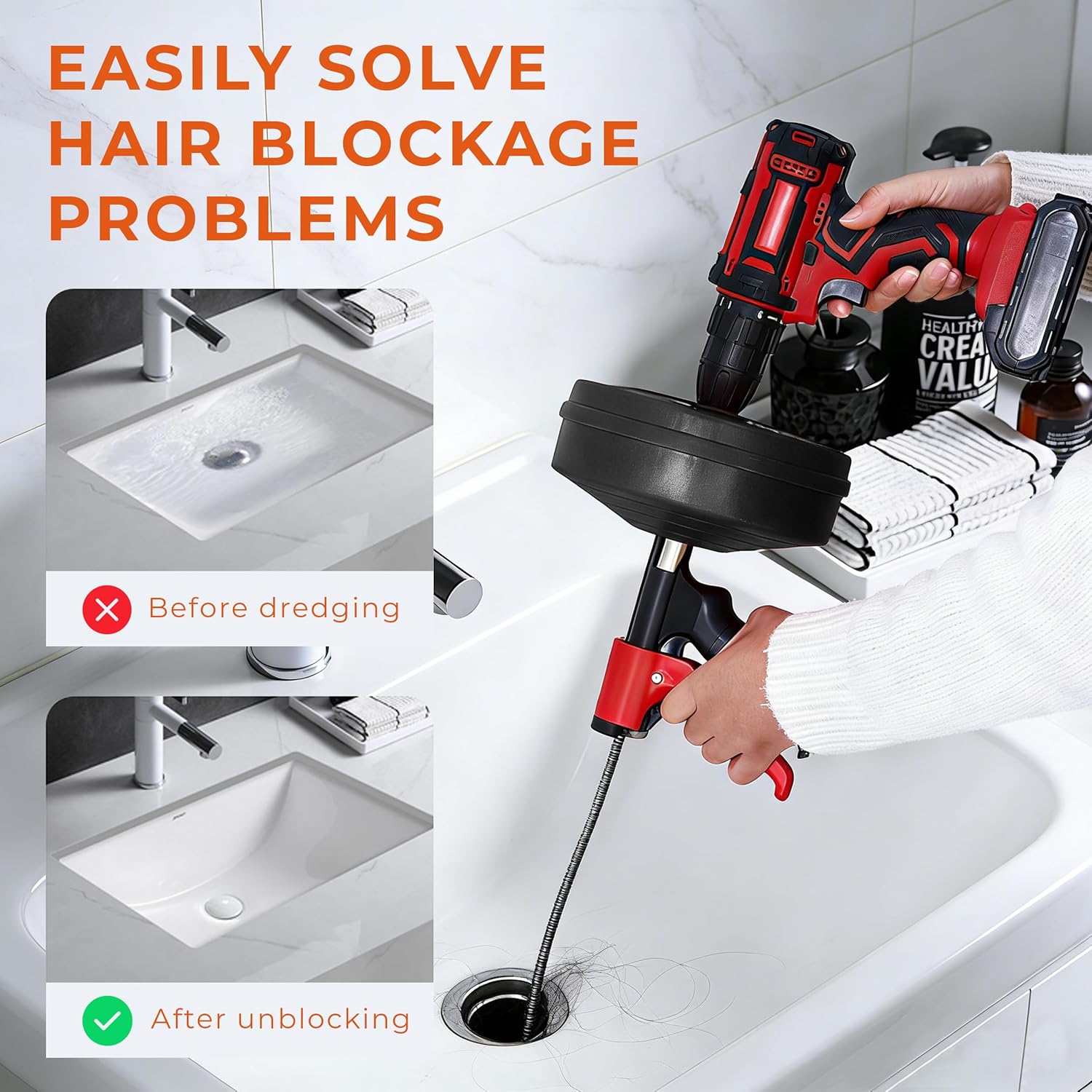 Drain Auger 25Ft Plumbing Snake Drain Snake, Toilet Auger Toilet Snake Drain Clog Remover, Hair Clog Remover with Drill Adapter for Kitchen Bathroom Shower Sink