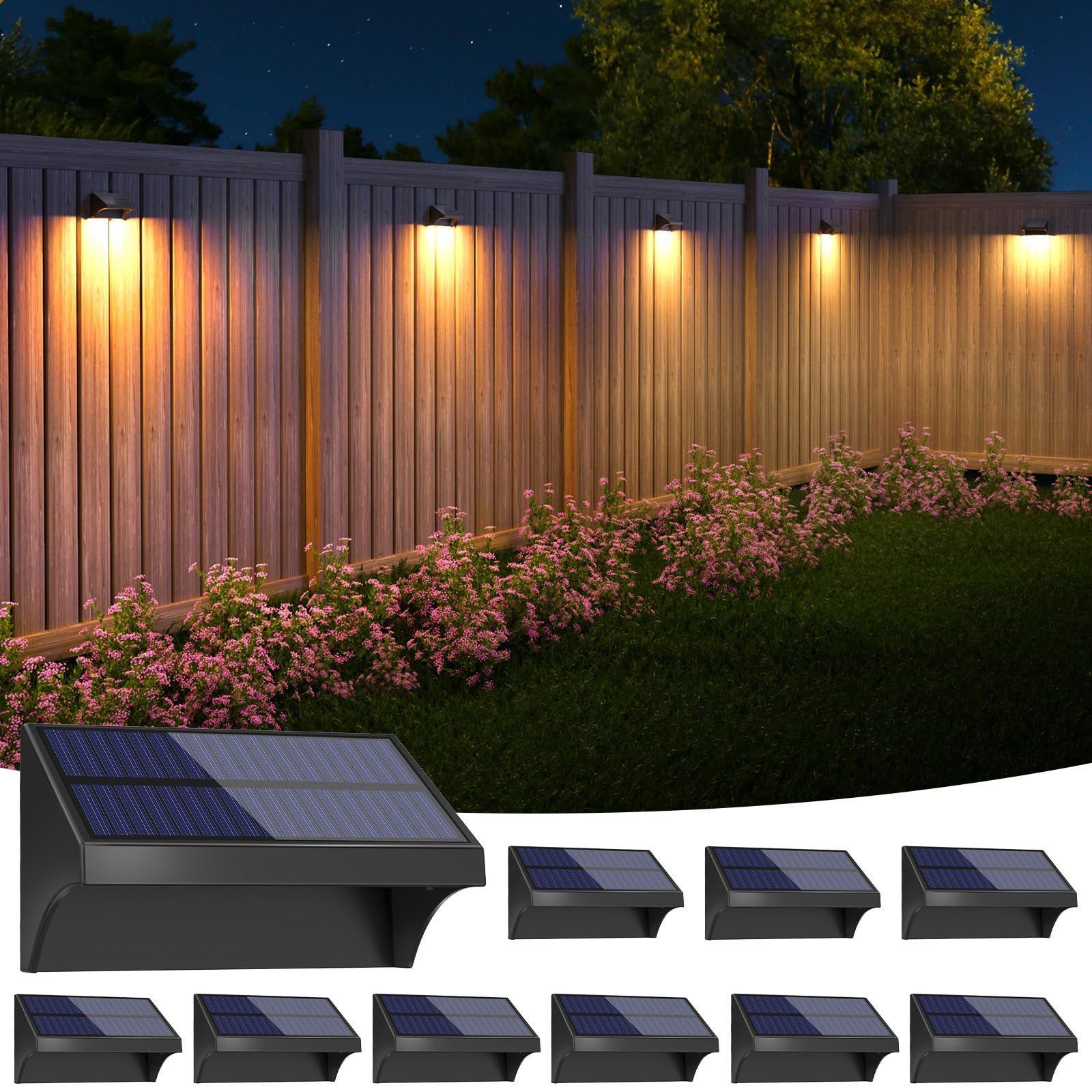 NIORSUN Outdoor Fence Lights, Fence Solar Lights with Warm White/Cool White/RGB Mode, Bigger Size & Brighter 1500mAh, Solar Light for Garden, Deck Railing, Stair, Patio, Wall, Backyard, Black 10 Pack