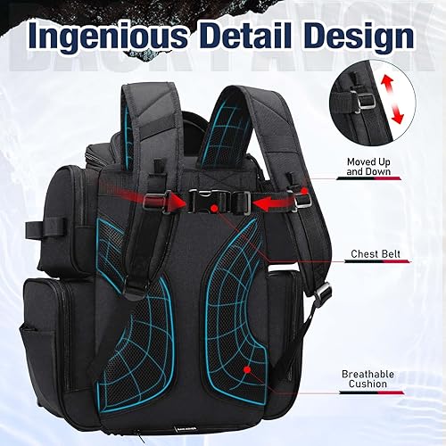 Miniatura 5 de Piscifun - Mochila para aparejos de pesca con 4 bandejas, bolsa grande de almacenamiento al aire libre con cubierta protectora para lluvia, para