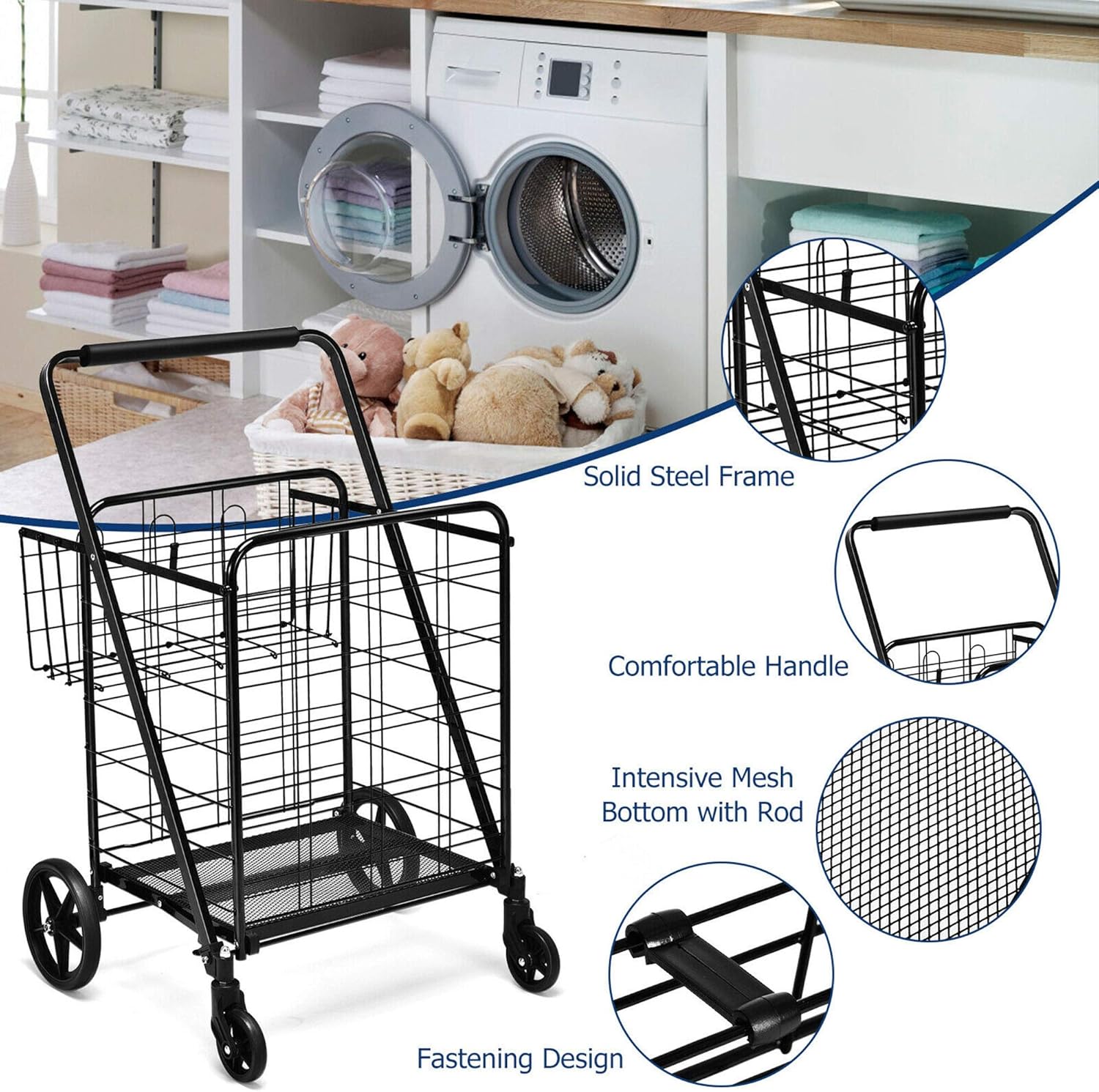 Detailed view of DORTALA Folding Shopping Cart features including solid steel frame, comfortable handle, intensive mesh bottom, and fastening design
