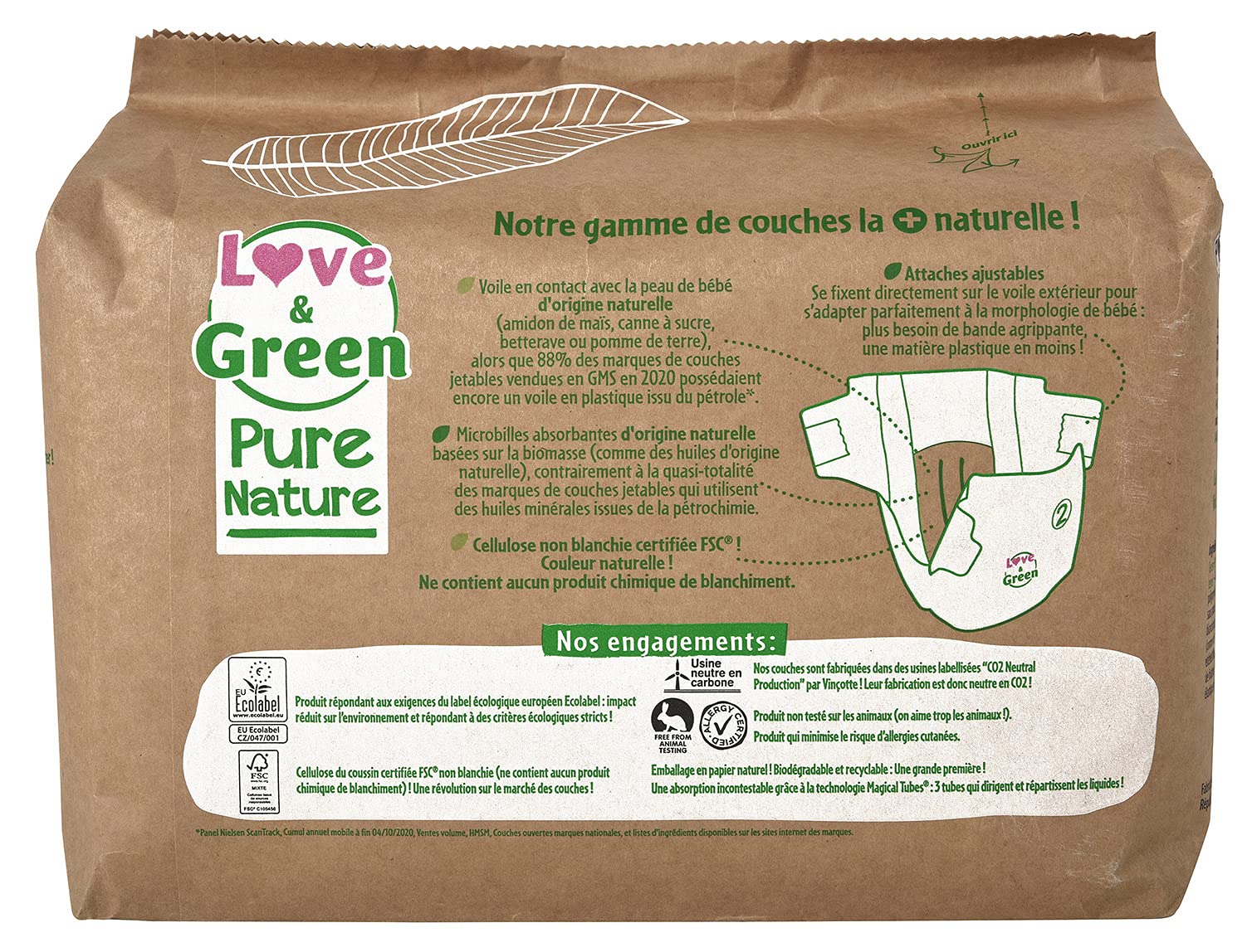 Love & Green Pure Nature Niebielone pieluchy ekologiczne T2 3-6 kg, zielone, rozmiar 2 (210 sztuk)