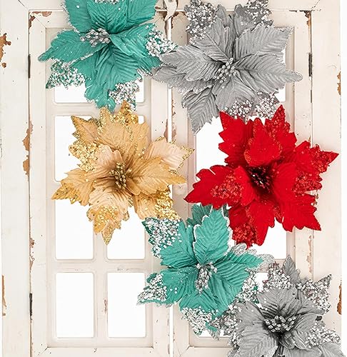 Miniatura 4 de 6 adornos para árbol de Navidad con purpurina para árbol de Navidad, flores artificiales de Navidad, accesorios florales, flores de franela