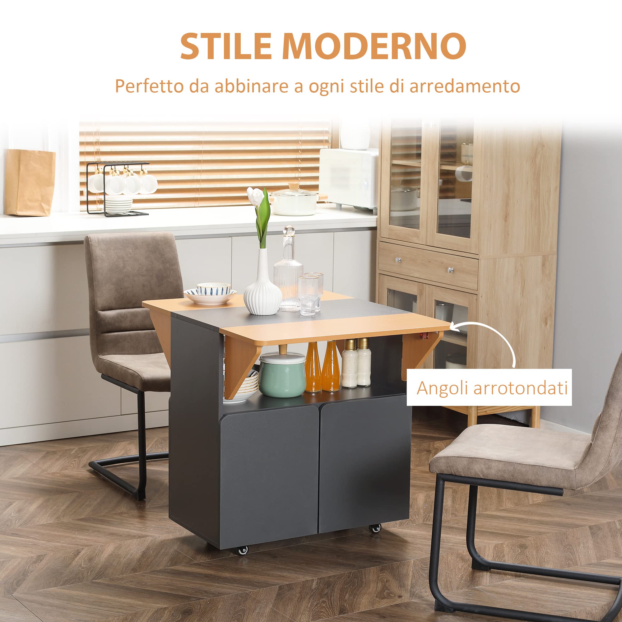 HOMCOM Tavolo Pieghevole Salvaspazio 4 Ruote 70x83x75 cm Giallo e Grigio | Per 4 Persone Max, Ripiano Nascosto, Armadietto con Ante