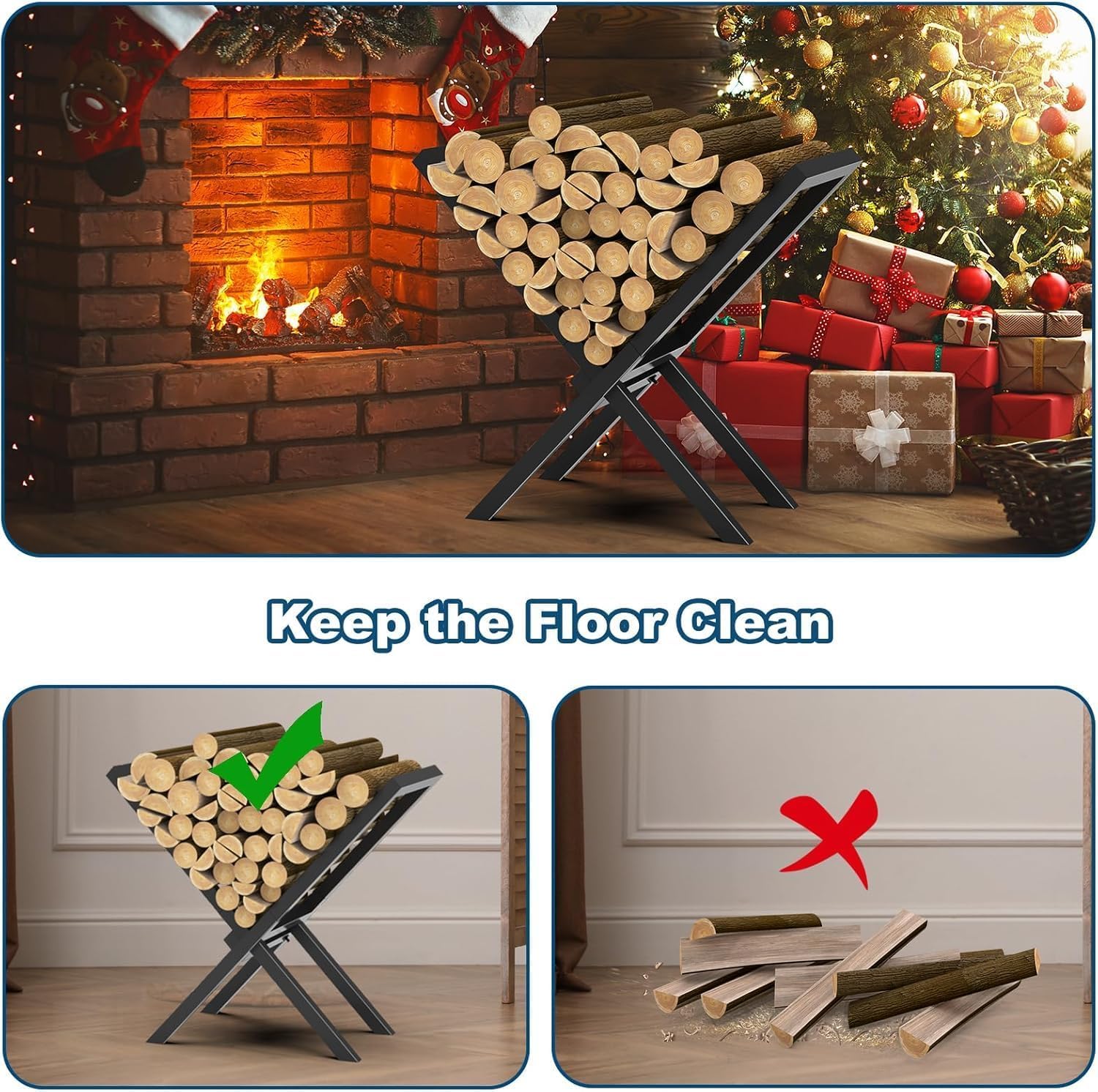 Firewood Rack Indoor Outdoor, Metal Wood Storage Holds Up to 110 lbs Logs Stacking Stand, Heavy Duty Firewood Stand for Fireplace, Fire pit