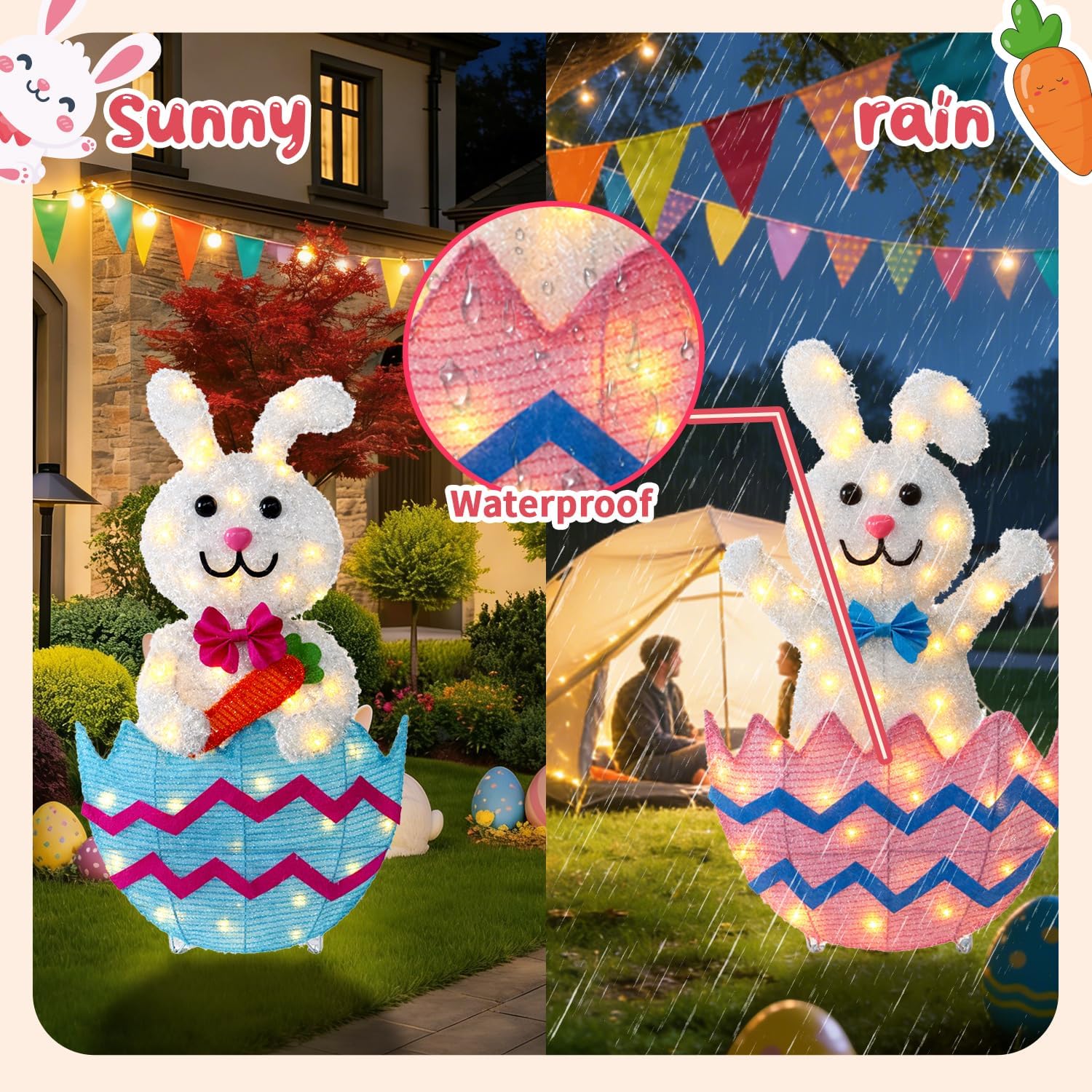 Outdoor Easter Decorations Yard Decor, Set of 2 Lighted Metal Bunny, 35 Inch Wide, Lights Plug in LEDs for Porch Lawn Garden Holiday Displays