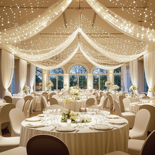 Ivory Ceiling Drapes with Lights String for Weddings, 6 Panels
