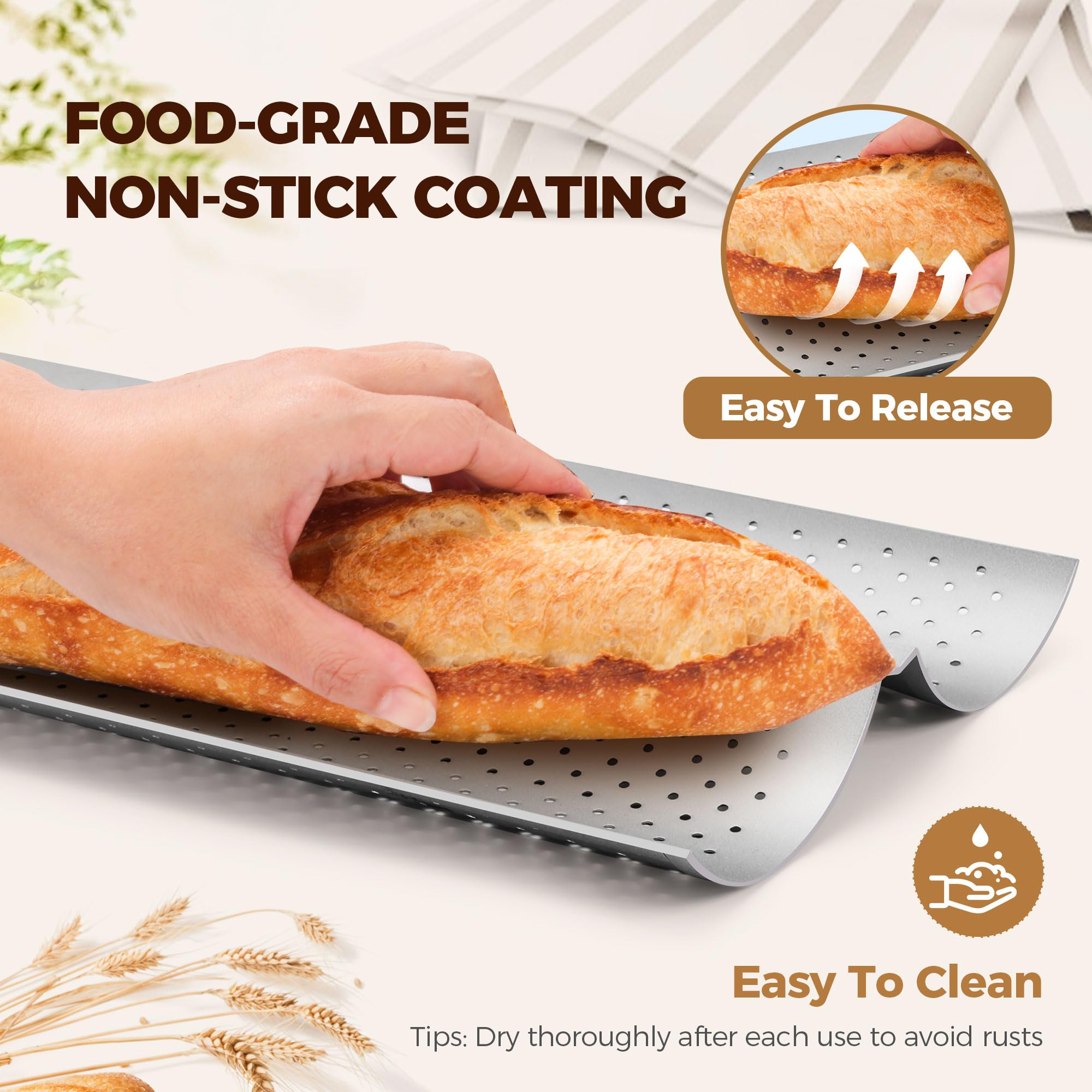 Yupjlia Molde para pan de baguette, molde para hornear pan francés perforado antiadherente de alta calidad, bandeja para 2 panes para masa madre, pan italiano, perfecto para crear corteza crujiente de