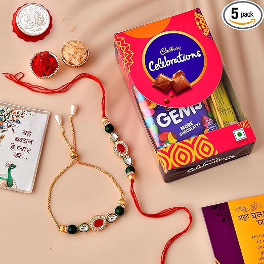 CraftVatika Rakhi For Brother and Bhabhi Gift Hamper | Pooja Coin | Premium Rakhi Combo Set 2 With Chocoloaces | Kundan Rakhi For Bhai Bhabhi Bhaiya With Chocolate