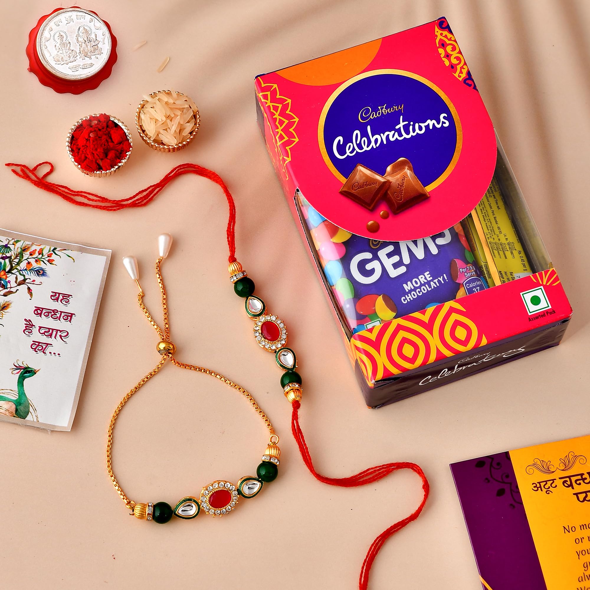 CraftVatika Rakhi For Brother and Bhabhi Gift Hamper | Pooja Coin | Premium Rakhi Combo Set 2 With Chocoloaces | Kundan Rakhi For Bhai Bhabhi Bhaiya With Chocolate (B0CDXD4NLC) Amazon Price History, Amazon Price Tracker