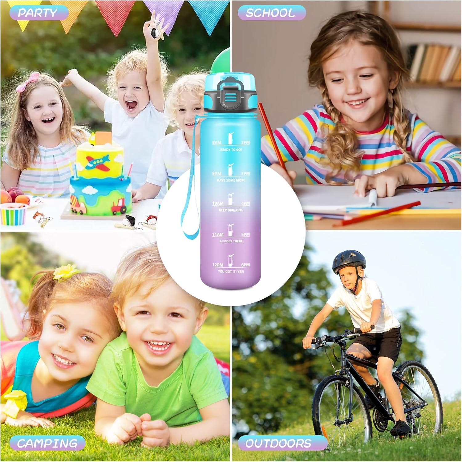 Grsta Children's Water Bottle, 500 ml, School Drinking Bottle, Water Bottle with Time, Easy to Clean, Drinking Bottle for Carbonated Drinks, Water Bottle for Travel, Camping, Blue/Purple