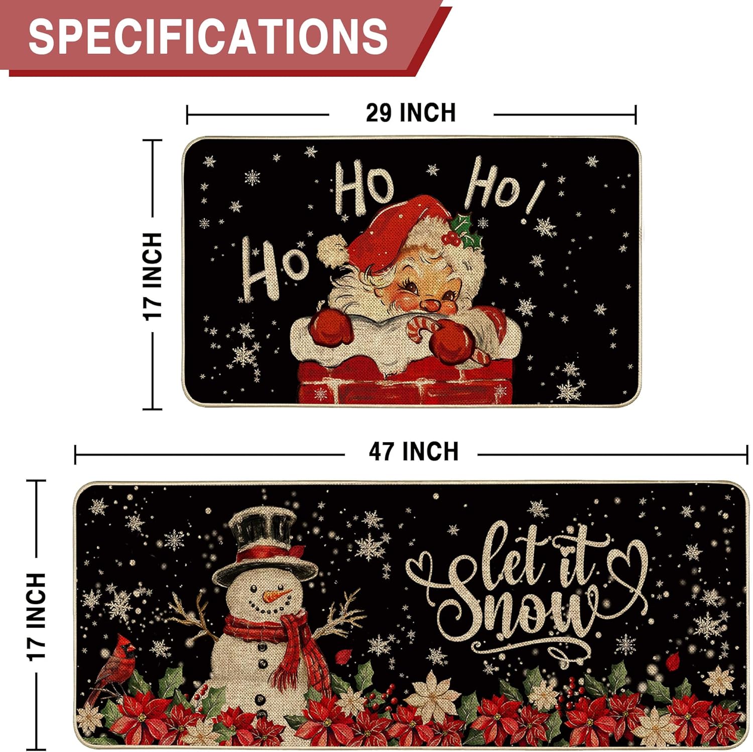 Christmas Santa Claus Snowman Kitchen Mats Set of 2, Let It Snow Kitchen Rugs Winter Poinsettia Red Bird Floor Non-Slip Low Profile Mat Seasonal Farmhouse Home Decor 17x29 and 17x47 Inch