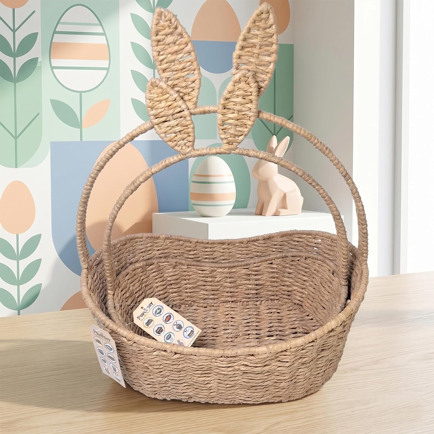 Hand-Woven Easter Bunny Basket with Arch Handle,Natural Paper Rop Easter Basket,Cute Basket for Easter Eggs,Candy,Chocolate,Handcrafted Home Decor Storage with Iron Frame,Small&Large