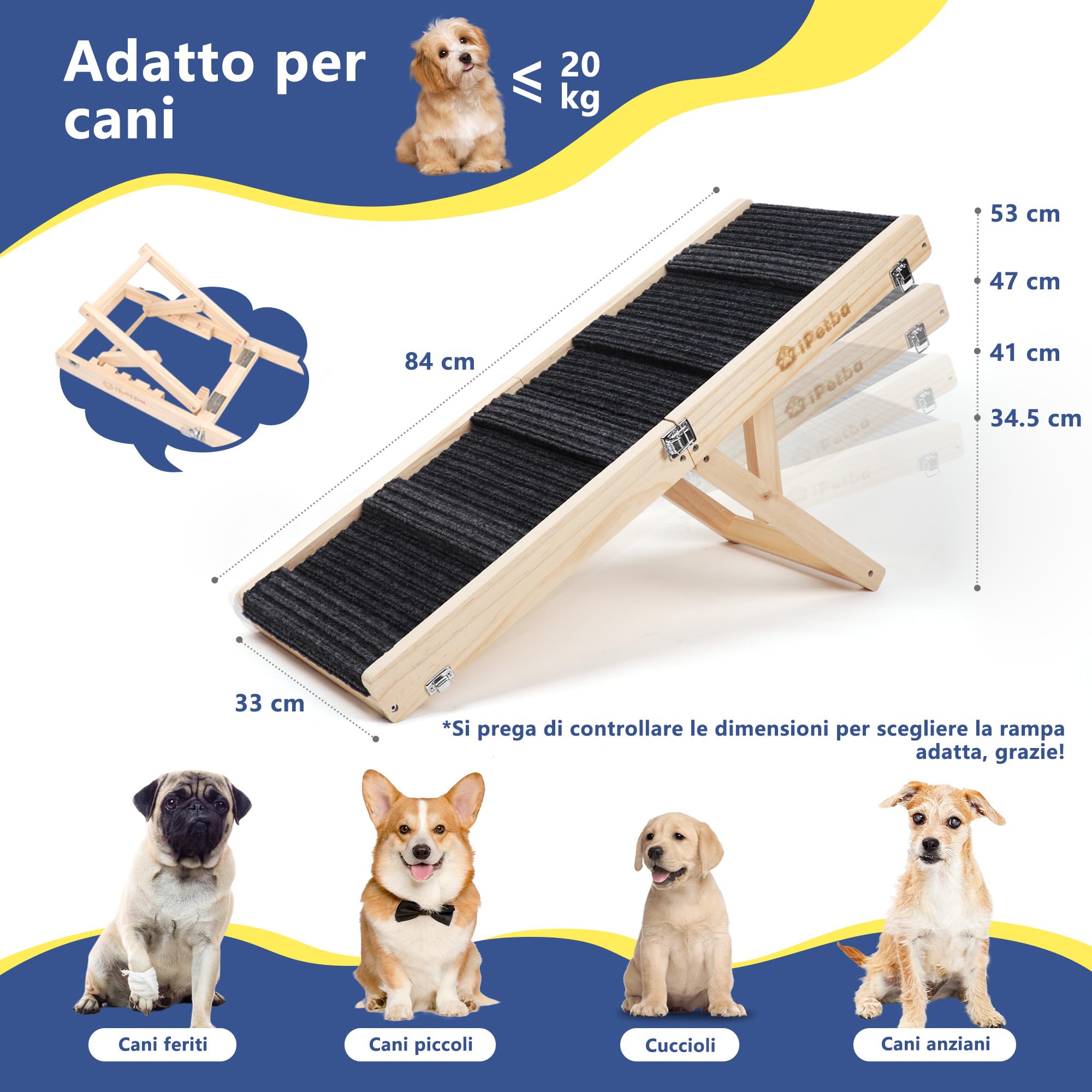 Rampa per Cane per Letto & Divano per Piccoli Cani – Rispetto per le Articolazioni, Antiscivolo, Pieghevole, Regolabile, Portatile, Fino a 16 kg