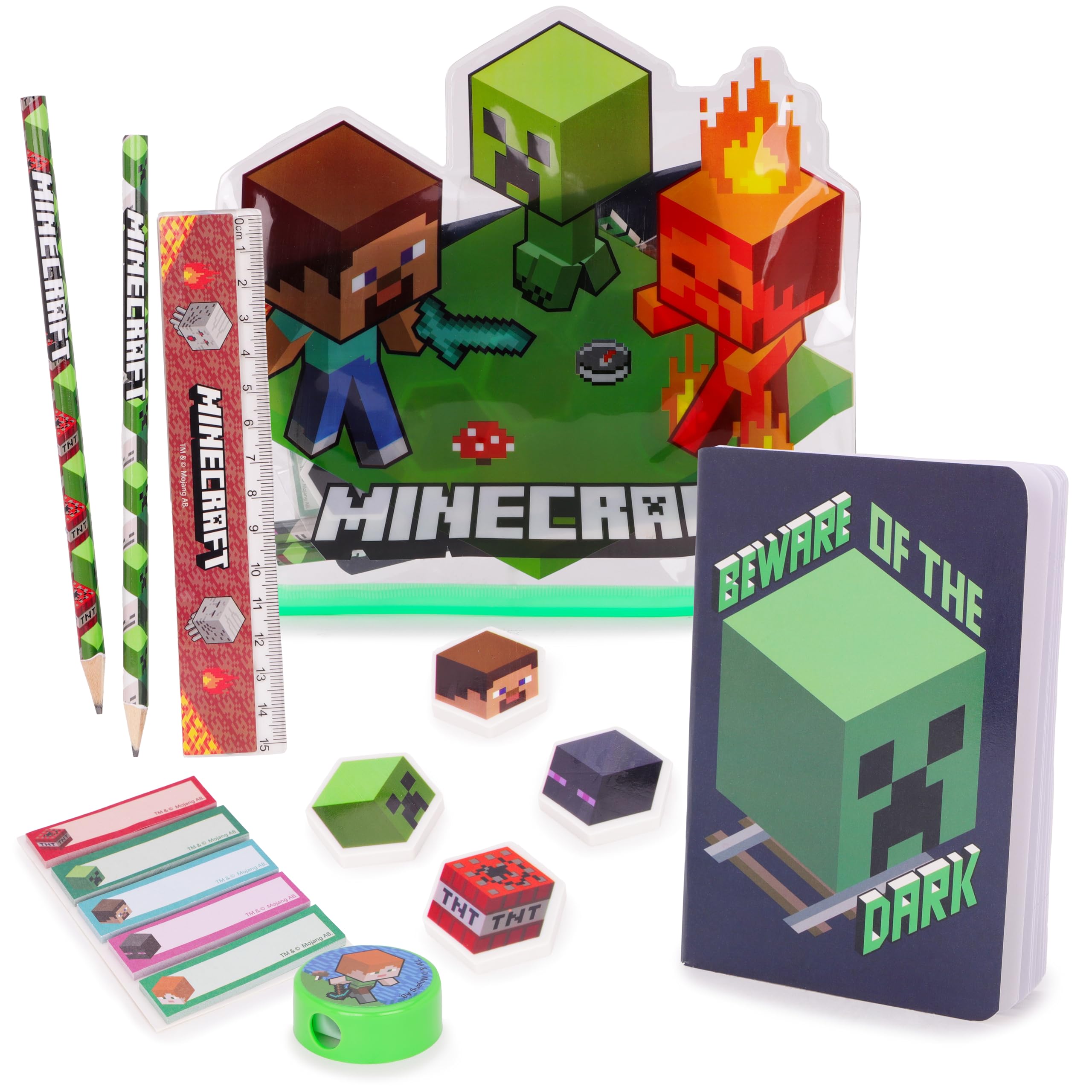 Toyland® Minecraft Filled Pencil Case - Includes: 1x Notebook, 2 x Pencils, 4 x Character Erasers, 1 x Sharpener, 1 x Ruler & 125 x Sticky Notes - School Stationary Set - Travel Drawing Supplies
