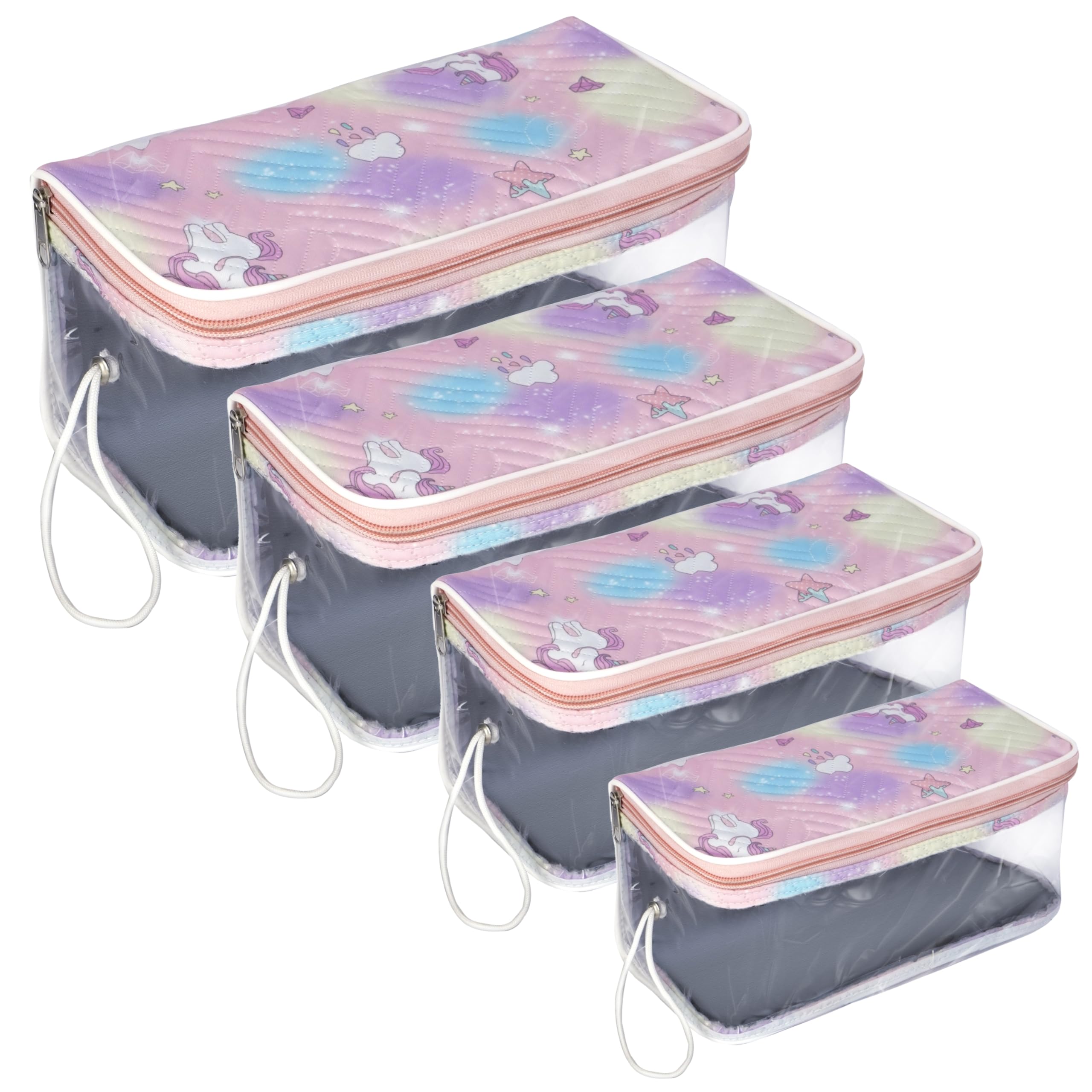 PVC Transparent Unicorn Print Travel Cosmetic Pouch, Makeup Organizer, Jewellery Accessories Organizers Pouch Kits Zippered Toiletry Bag with Handle for Women (Rainbow)