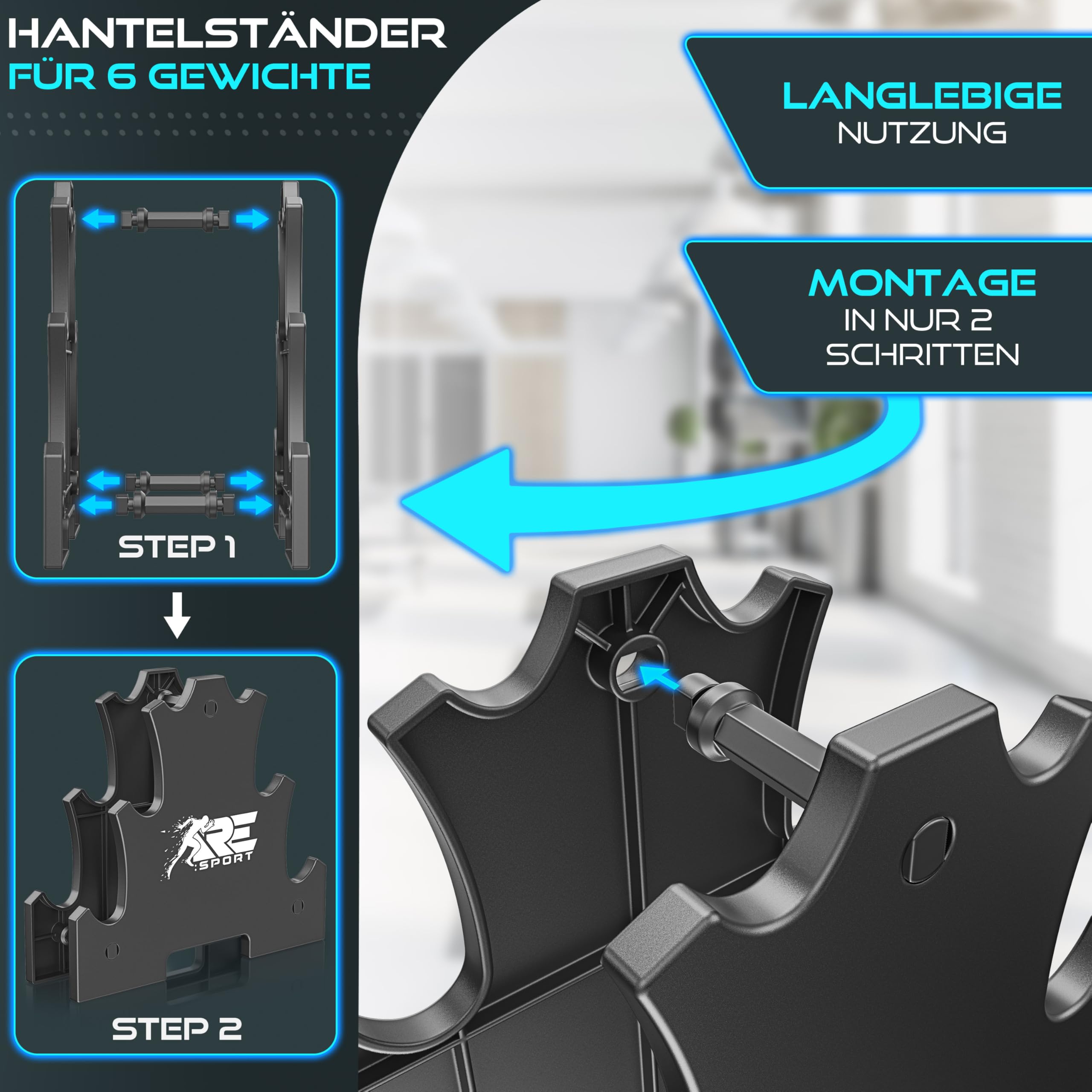 RE:SPORT® Hantel-Set 3 Paar, 1kg - 5kg, 12kg oder 18kg mit Ständer & 3x Fitnessbänder | Rutschfeste Neopren Kurzhanteln für Damen & Herren | Hanteln Hantelset