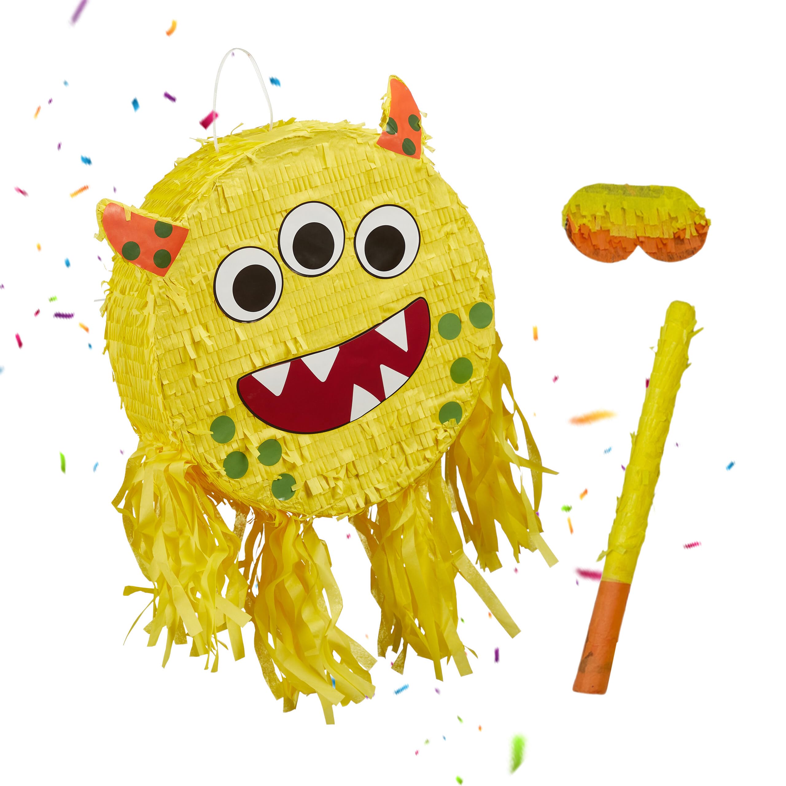 Relaxdays Monster Piñata with Stick & Mask, Fillable, Kids Birthday Party Decor, 35x34x9 cm, Yellow