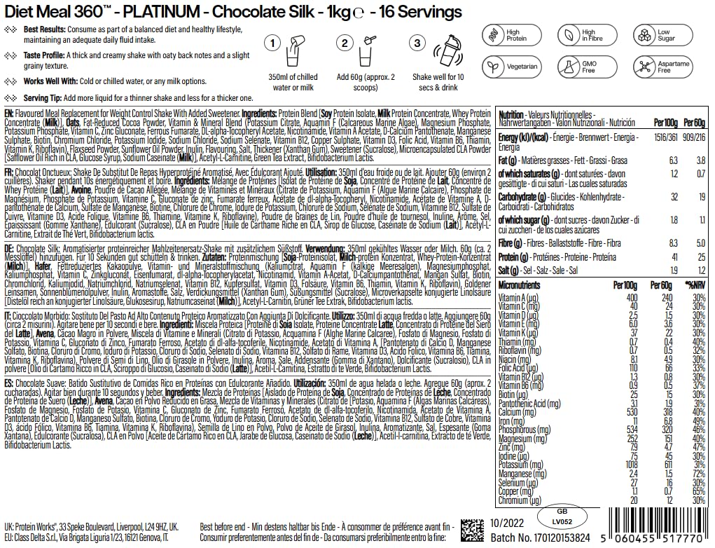 Protein Works | Diet Meal 360 – PLATINUM Innovation, Shake Repas Diététique, Soutient Perte de Poids, 26 Vitamines & Minéraux, Graines de Lin, Inuline, Oméga‑3, Chocolat Onctueux, 16 Repas, 1kg