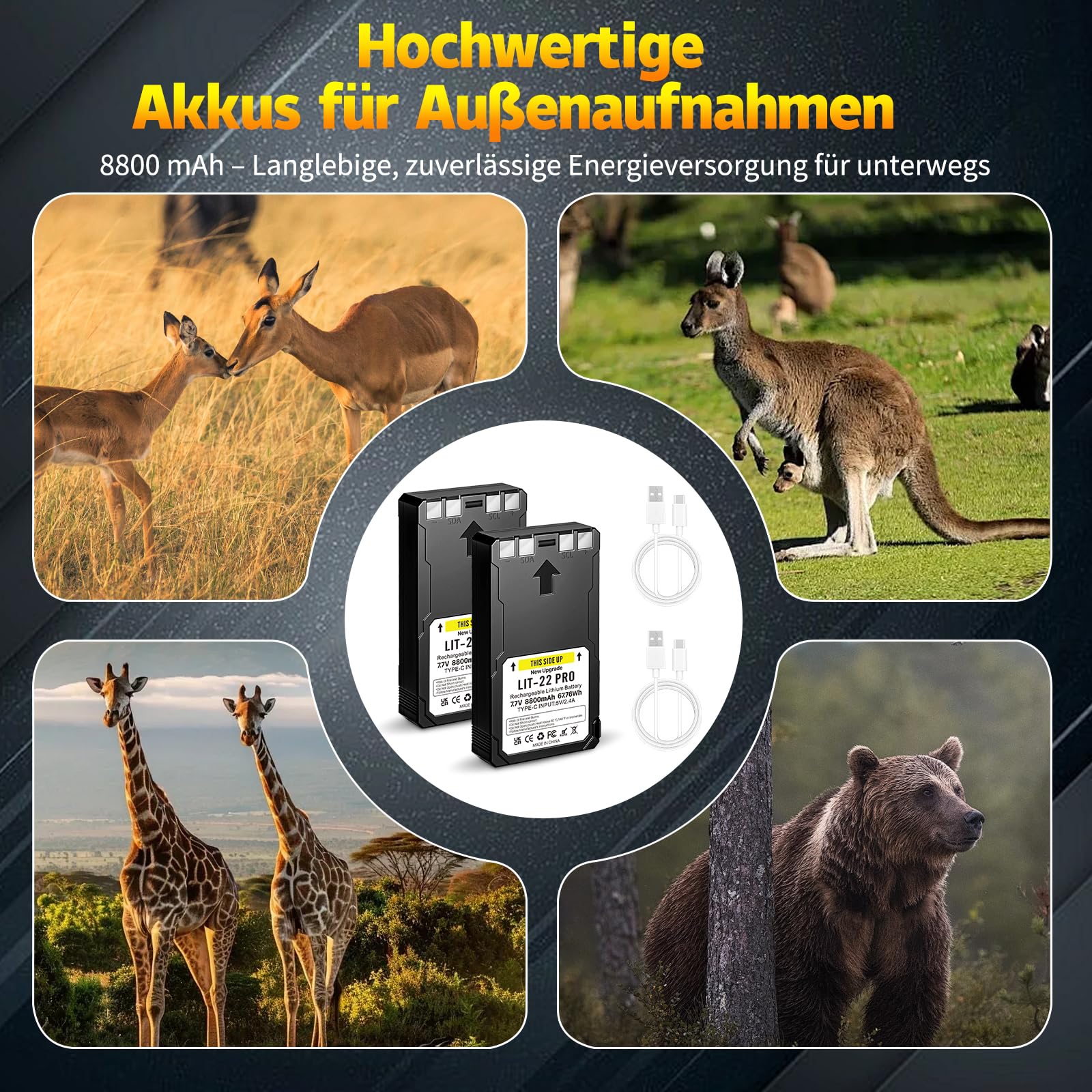 2-Pack 8800 mAh 7,7 V Upgrade LIT-22 Akku Wiederaufladbarer Lithium-Akku für Spypoint Wildkamera, kompatibel mit Flex-M, F lex-S, Flex-G36, Flex-Plus Mobilfunk-Wildkameras with Type-C Charging Cable