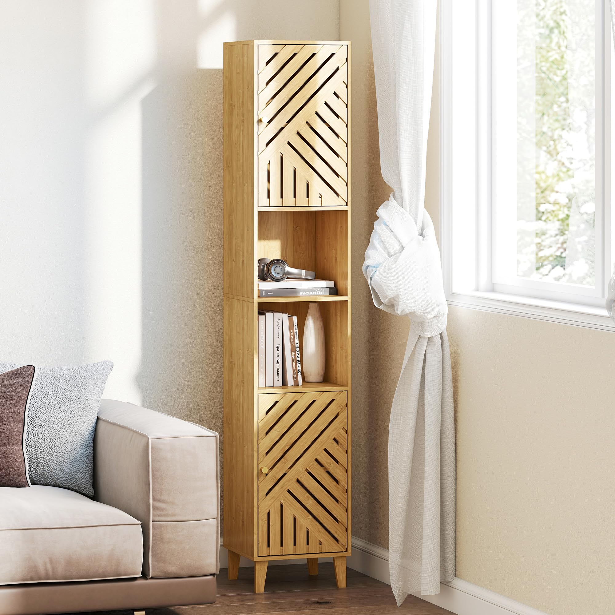 HOMCOM Armario de Baño Alto con Puertas y Patas de Bambú, Columna de Baño Estrecha, 32x30x170 cm, Estantes Regulables, Compartimento Abierto, Natural