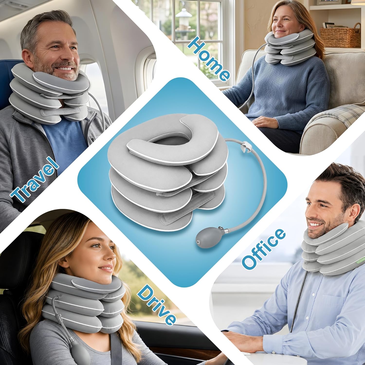 Neck Stretcher Adjustable Inflatable Cervical Traction Device for Pain Relief - Neck Brace for Home Use, Supports Neck Decompression & Spine Alignment, Gifts for Women (Light Grey)