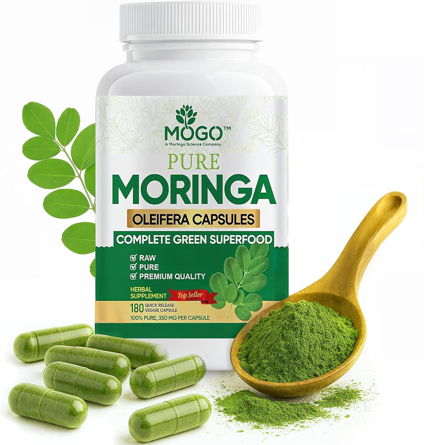 MOGO Moringa Capsules -180 Ct| Boost Energy, Immune, Gut, Joint Support | Made with Pure Organic Moringa Powder Organic Capsules | Made in USA | Antioxidants Rich Complete Green Superfood Supplement