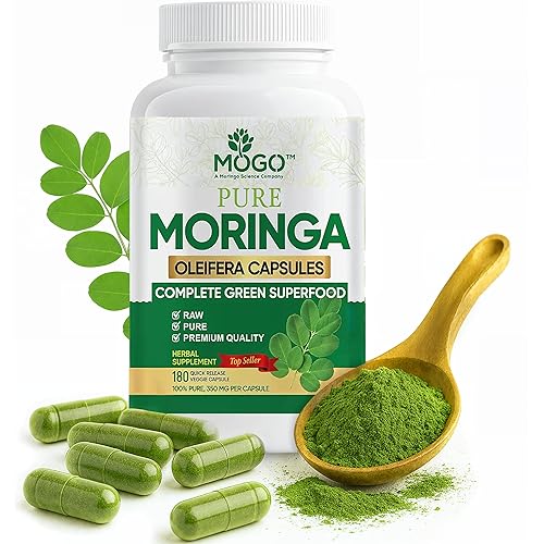 MOGO Moringa Capsules -180 Ct| Boost Energy, Immune, Gut, Joint Support | Made with Pure Organic Moringa Powder Organic Capsules | Made in USA | Antioxidants Rich Complete Green Superfood Supplement
