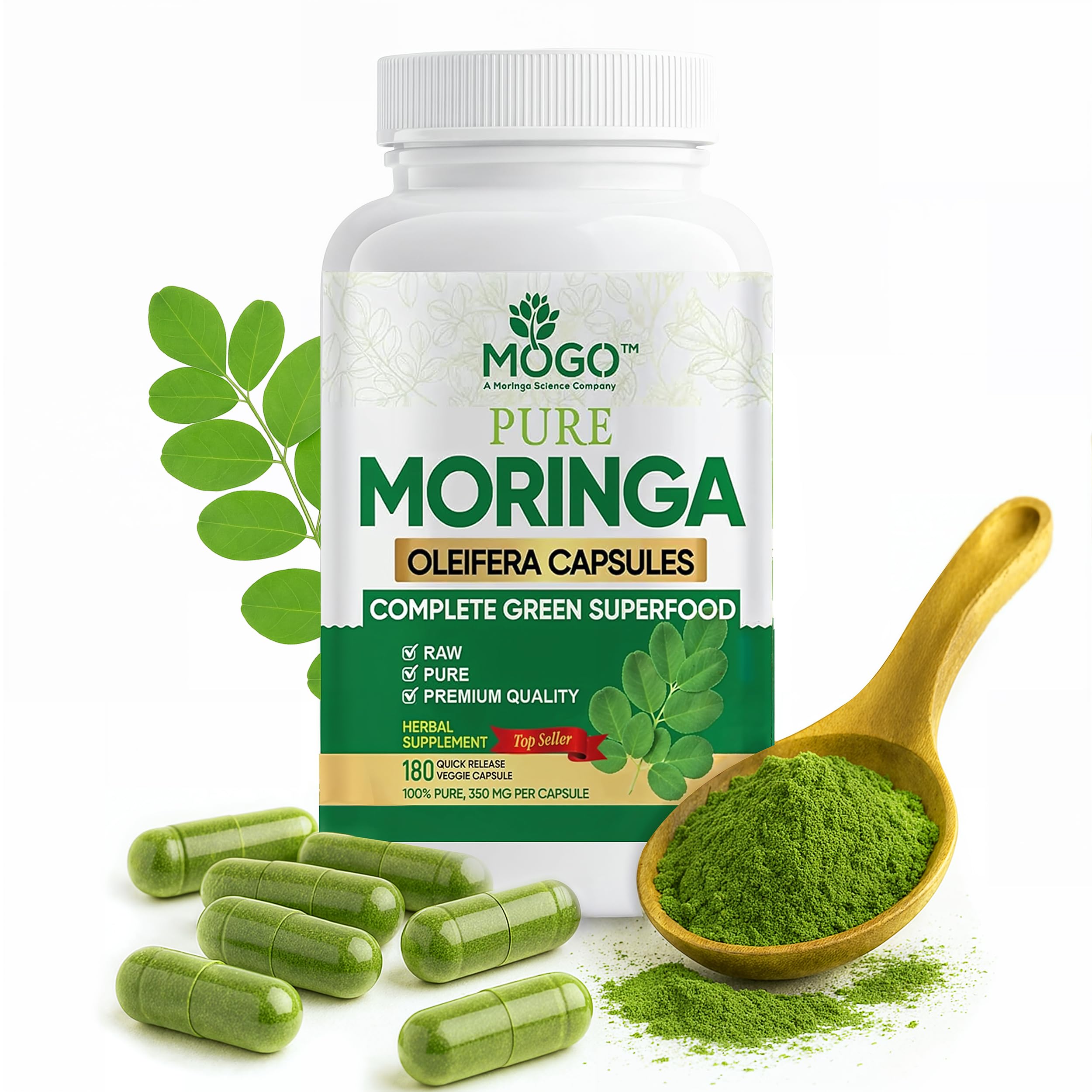 MOGO Moringa Capsules -180 Ct| Boost Energy, Immune, Gut, Joint Support | Made with Pure Organic Moringa Powder Organic Capsules | Made in USA | Antioxidants Rich Complete Green Superfood Supplement