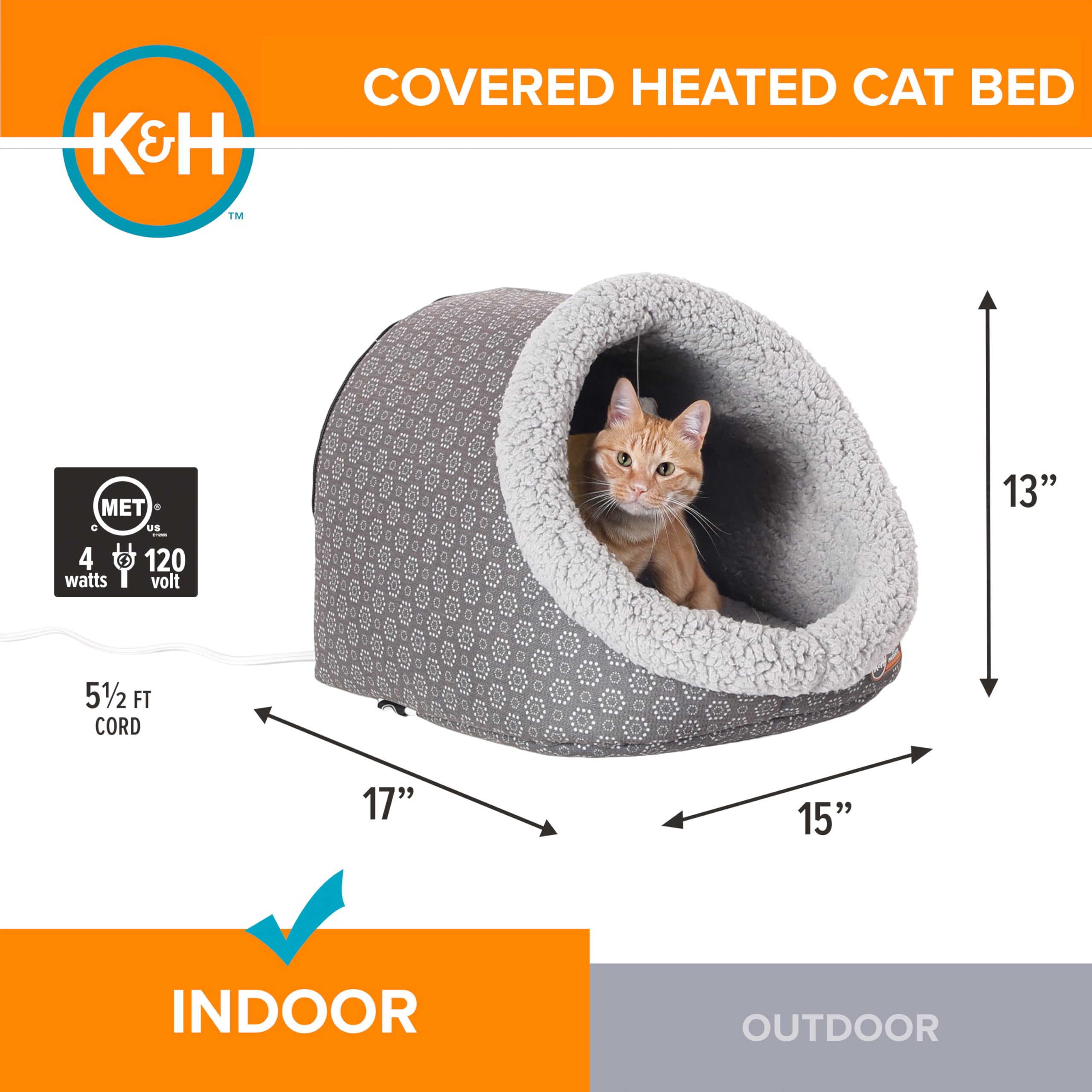 K&H Pet Products Thermo-Pet Cave Beheiztes Katzenbett, Grau/Geo-Blume, 43,2 x 38,1 x 33 cm